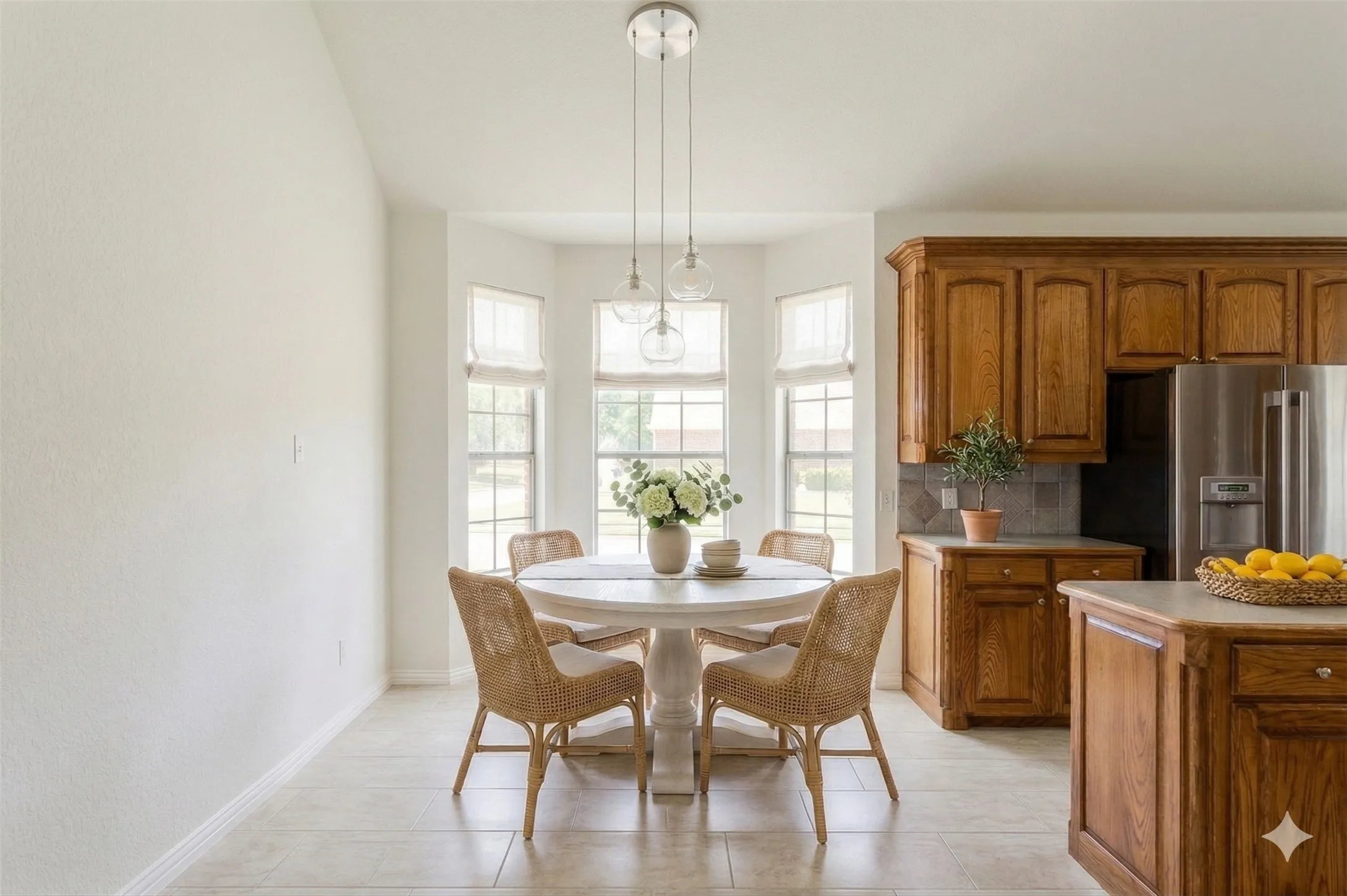 Virtually staged eat in dining area in kitchen.