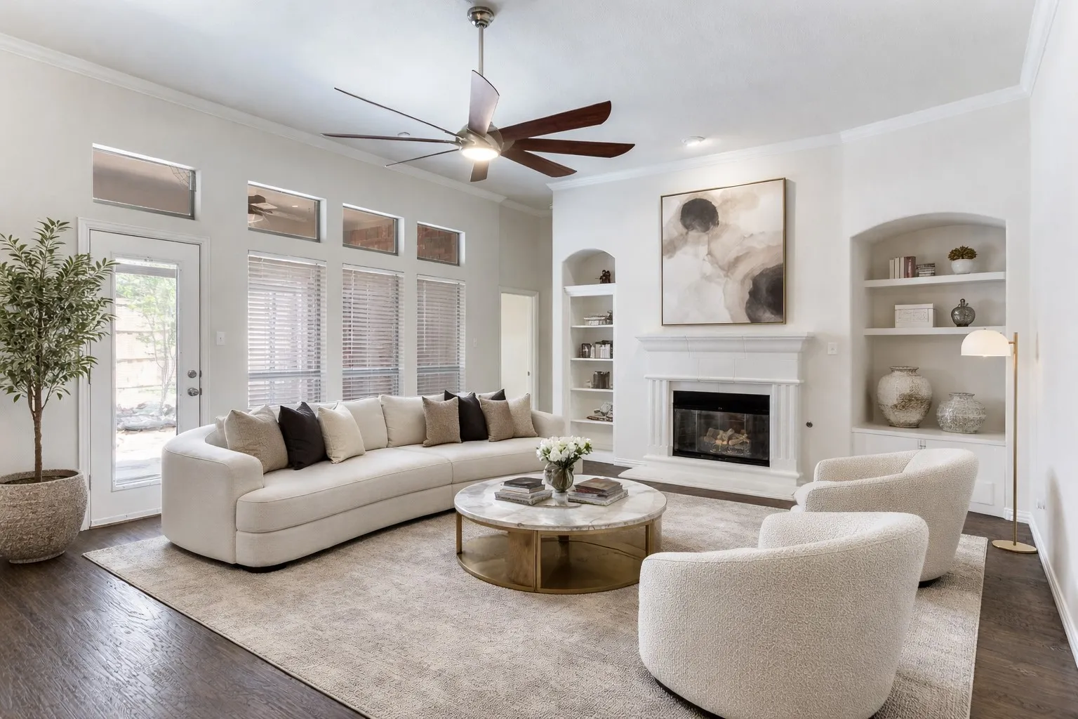 Virtual Staged Spacious living area with fireplace, built ins, overlooking the pool and backyard.