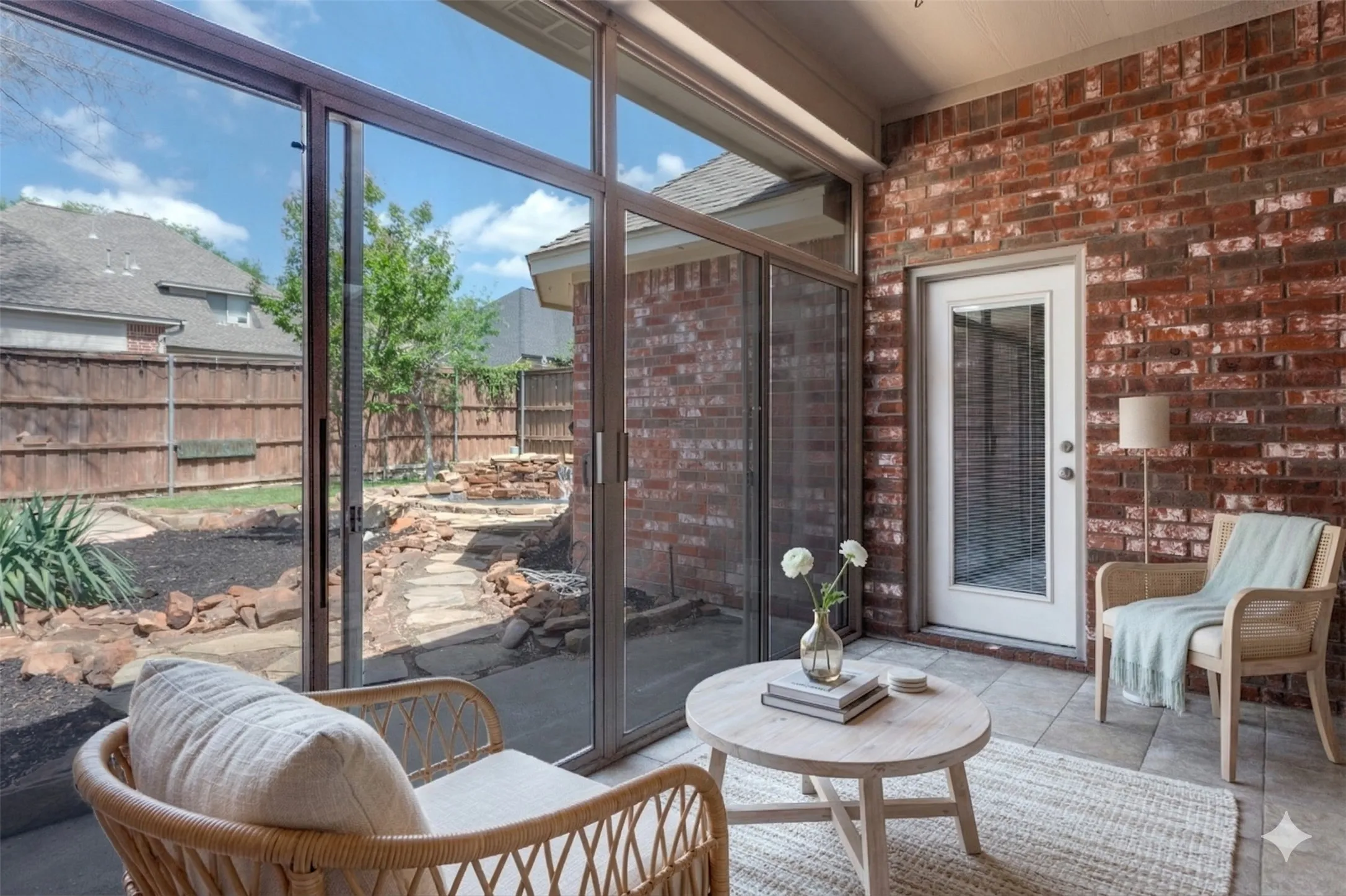 Sunroom overlooking the landscaped pool area and back yard. This photo is virtually staged!