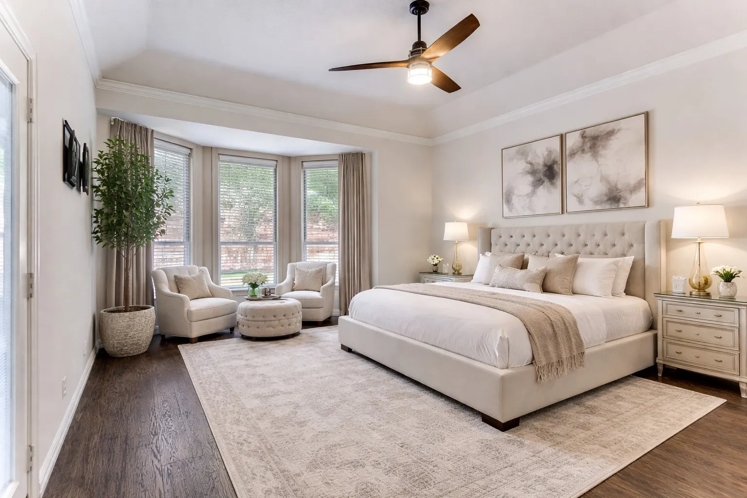 Virtually Staged - Primary Bedroom with windows overlooking the pool.