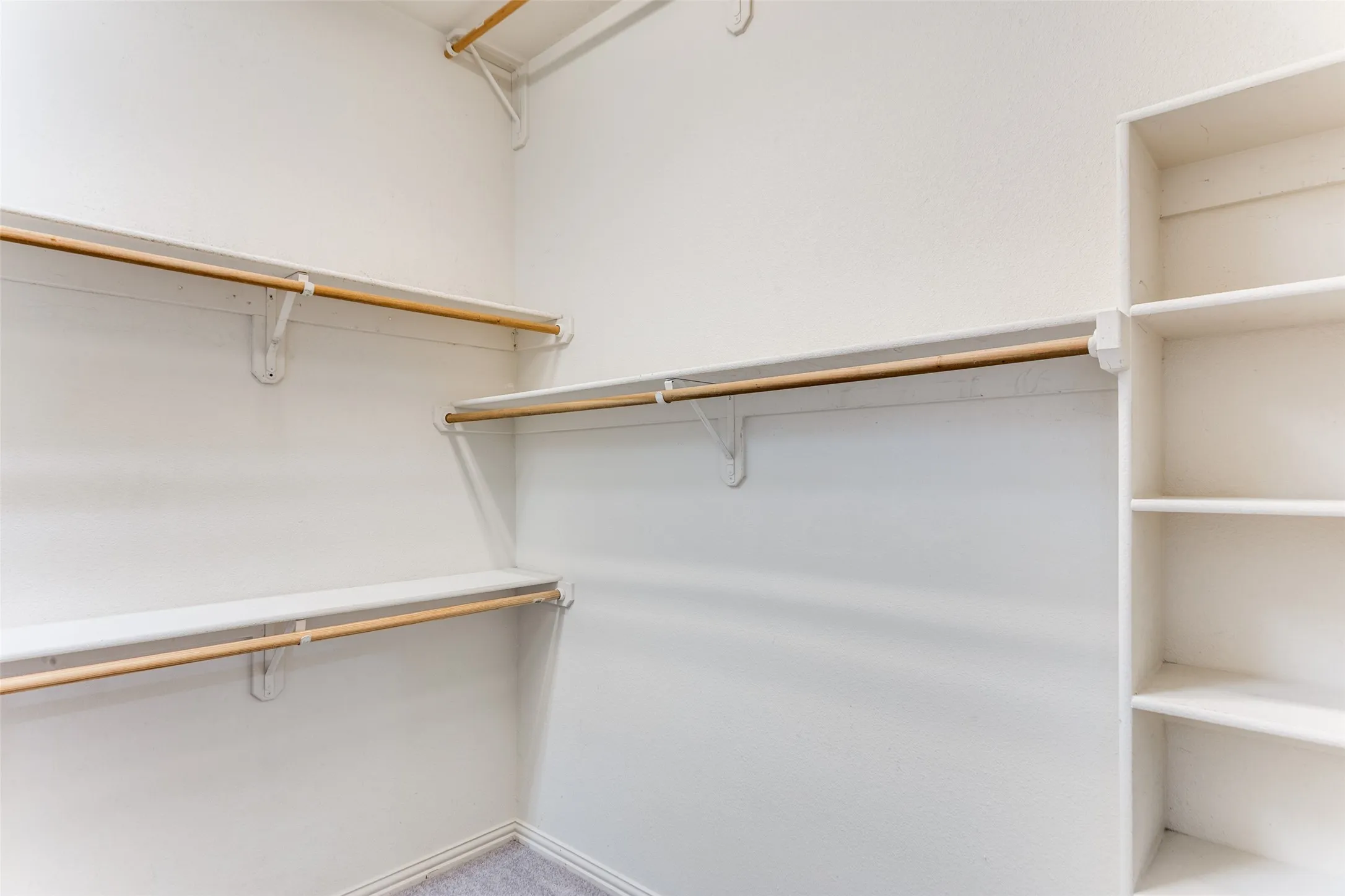 Walk in closet with built in shelving, layered hanging rods and carpet flooring