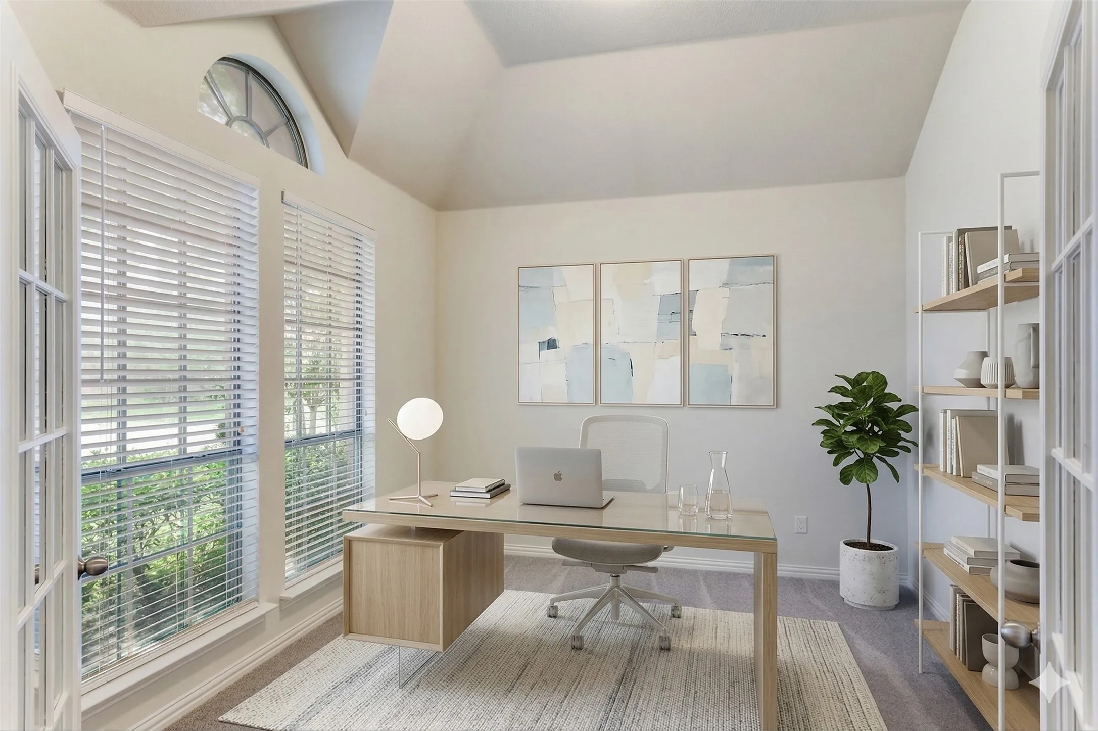 Virtually staged front private office with glass french doors.