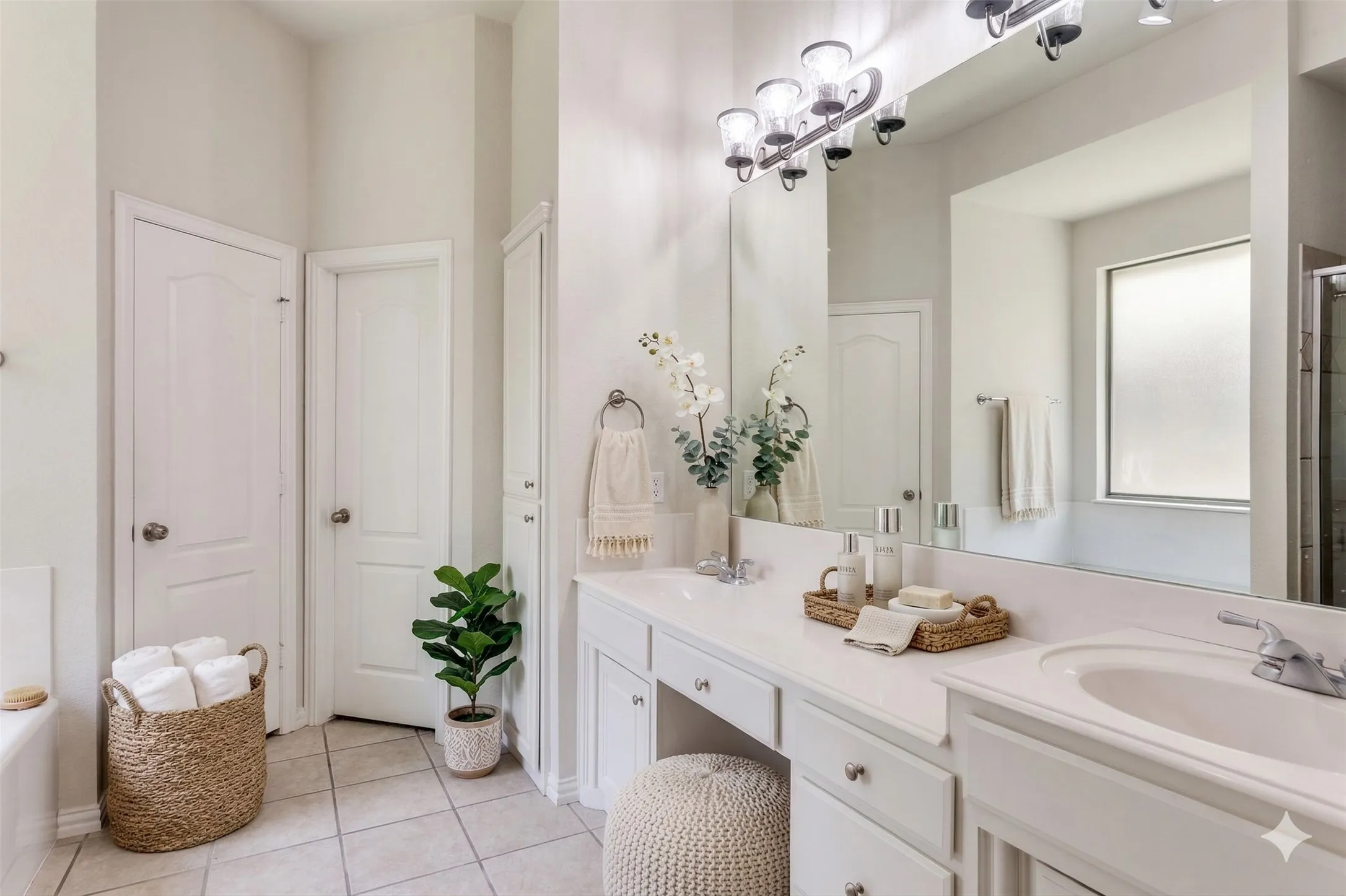Virtually staged bathroom with double vanity, separate shower, separate WC, and large walk in closet.