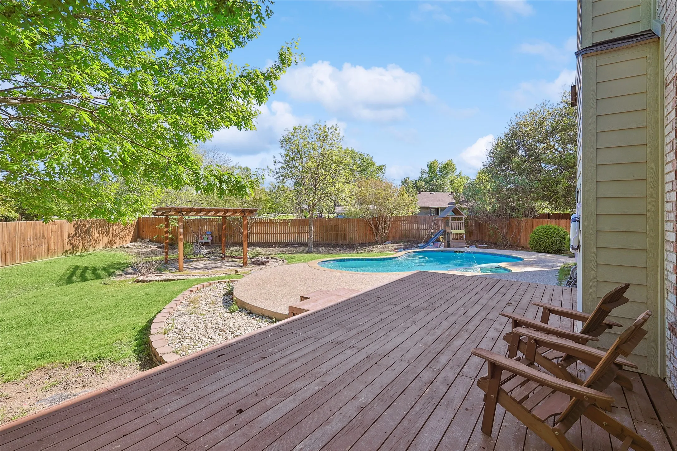 Deck featuring a yard and a fenced in pool