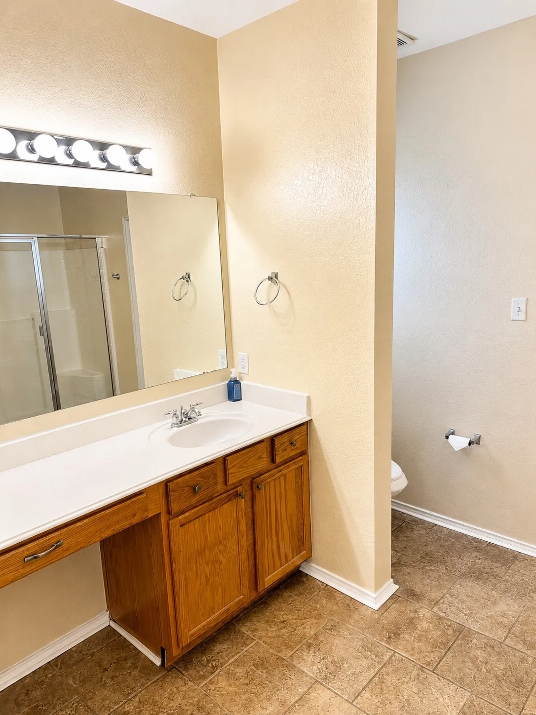 Primary Bathroom featuring a vanity with a white countertop and integrated sink, a large mirror, and a chrome light fixture