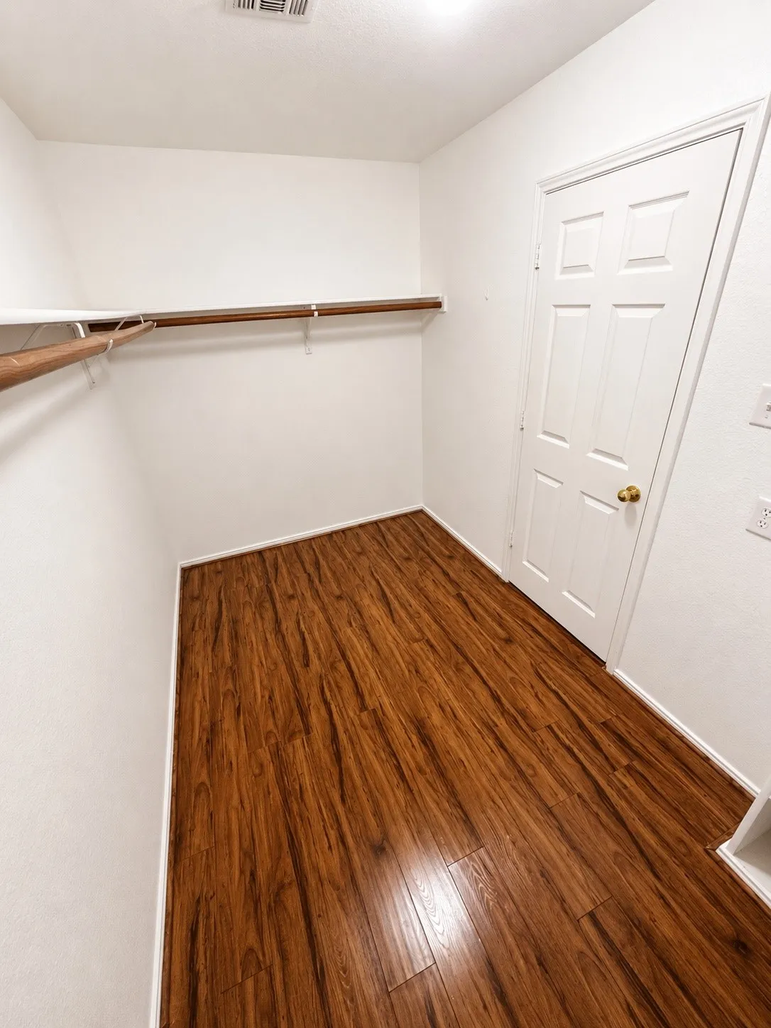 Walk-in closet featuring wood-finish flooring, white walls, and a built-in hanging rod