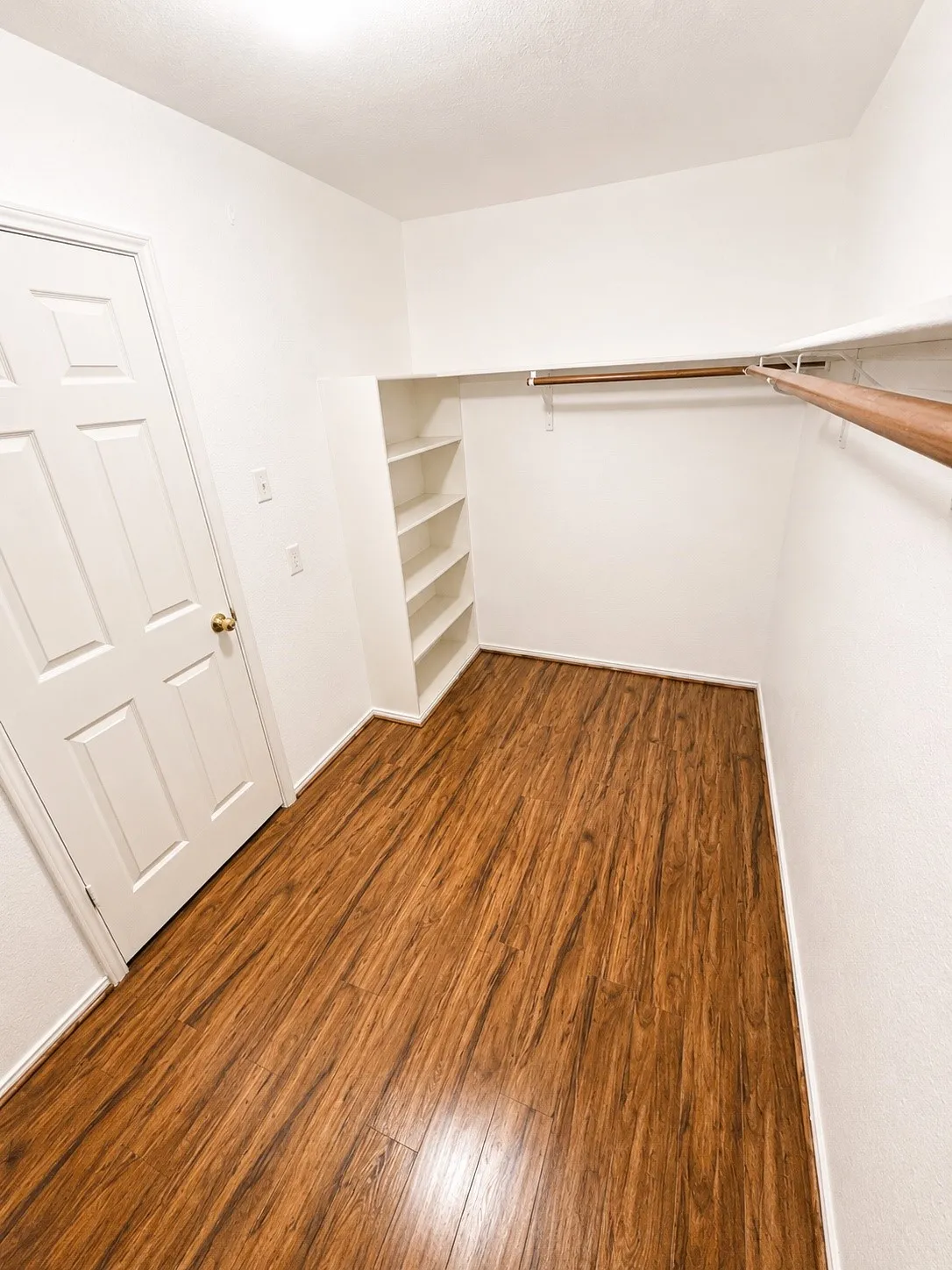 Walk-in closet featuring wood-finish flooring, built-in shelving, and dual clothes rods