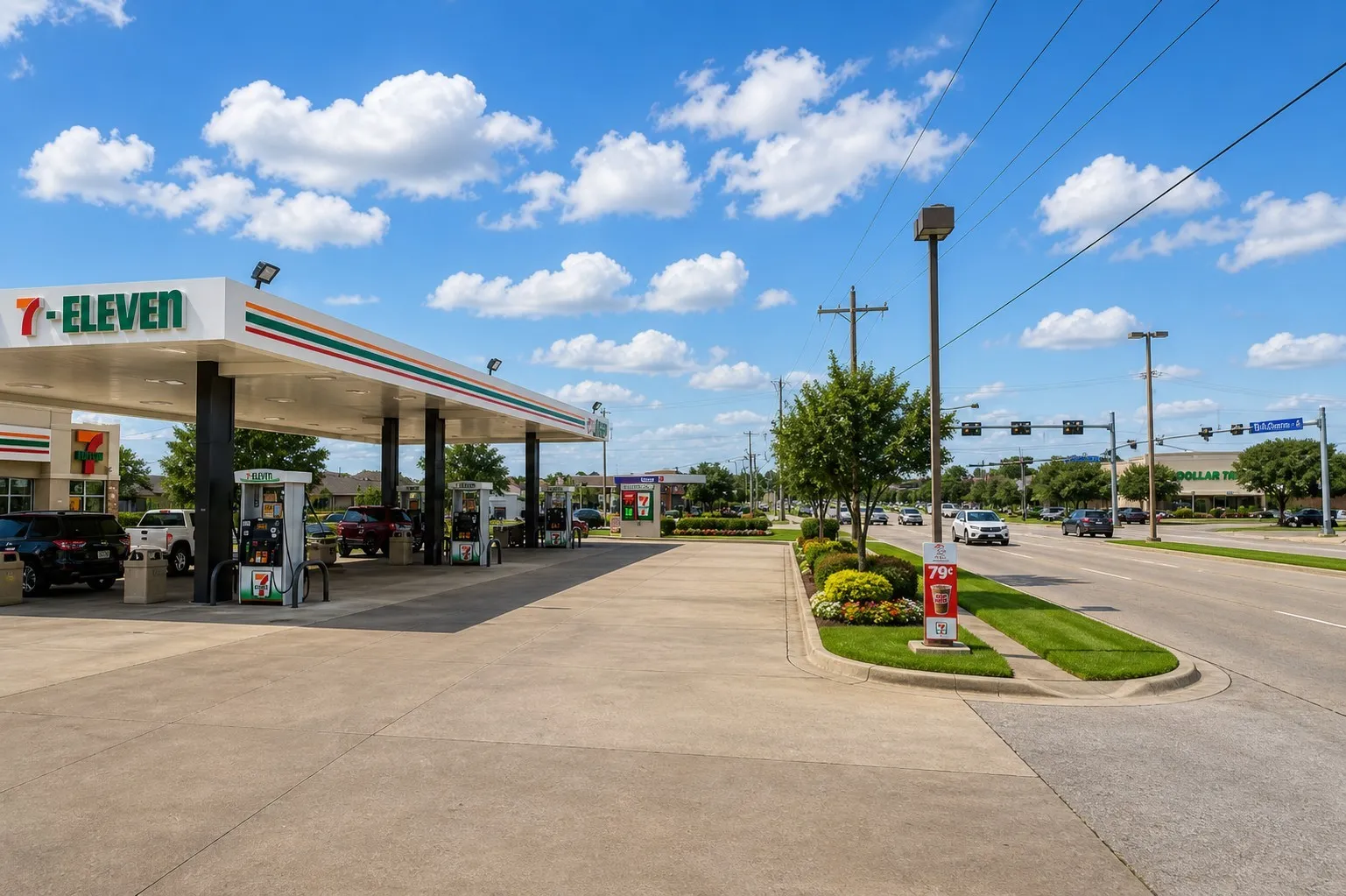 Retail property featuring extensive concrete paving, a multi-pump fuel canopy, and prominent street frontage
