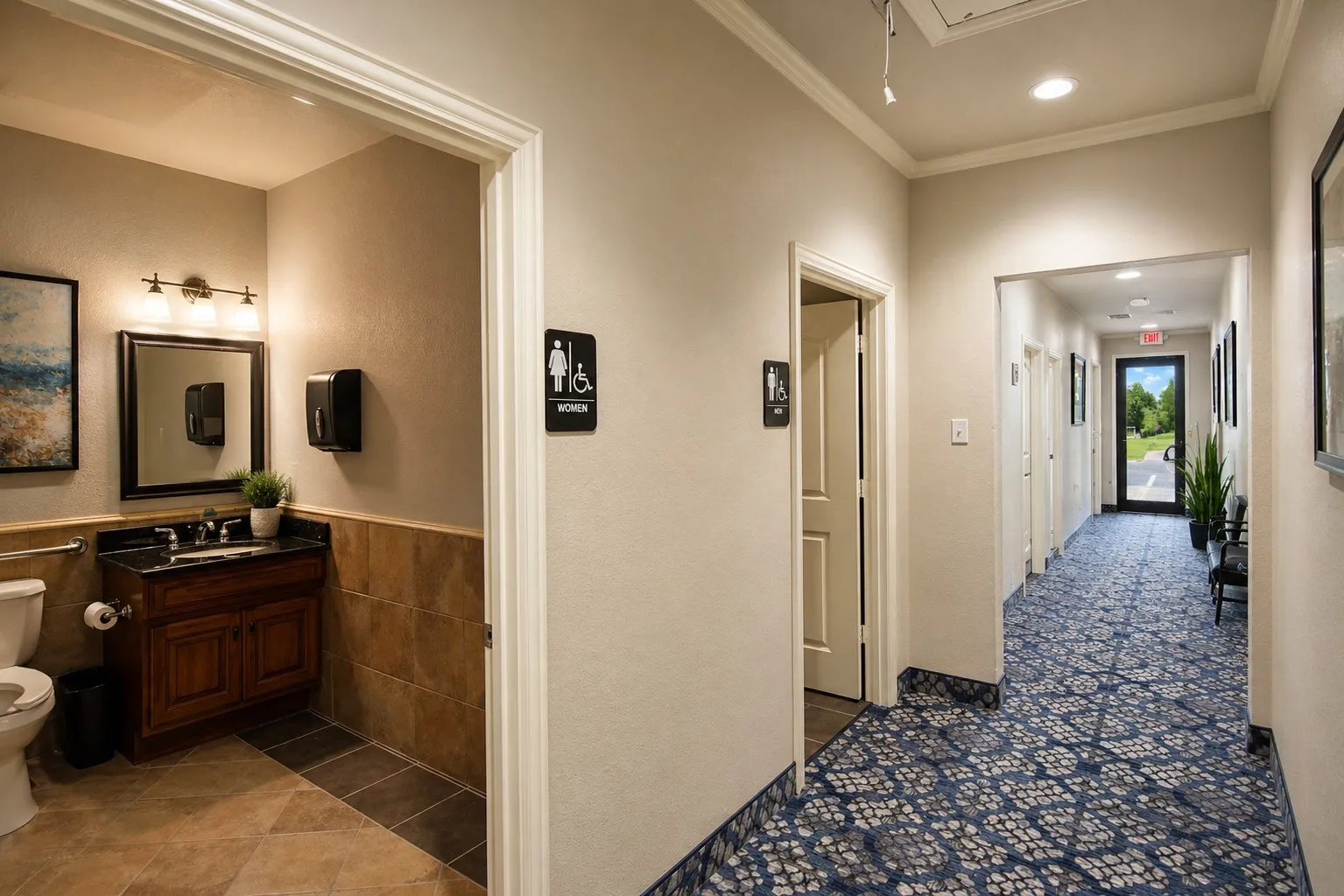 Hallway with patterned carpet flooring, recessed lighting, and crown molding