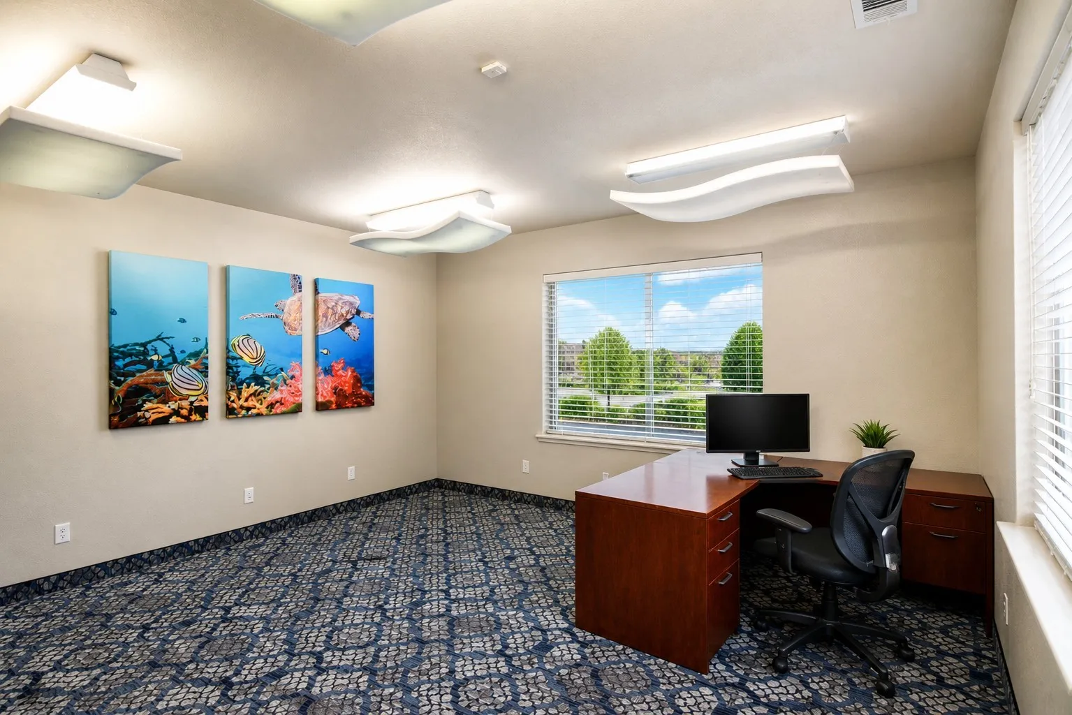 Spacious room featuring patterned carpeting, neutral wall tones, and multiple ceiling-mounted light fixtures
