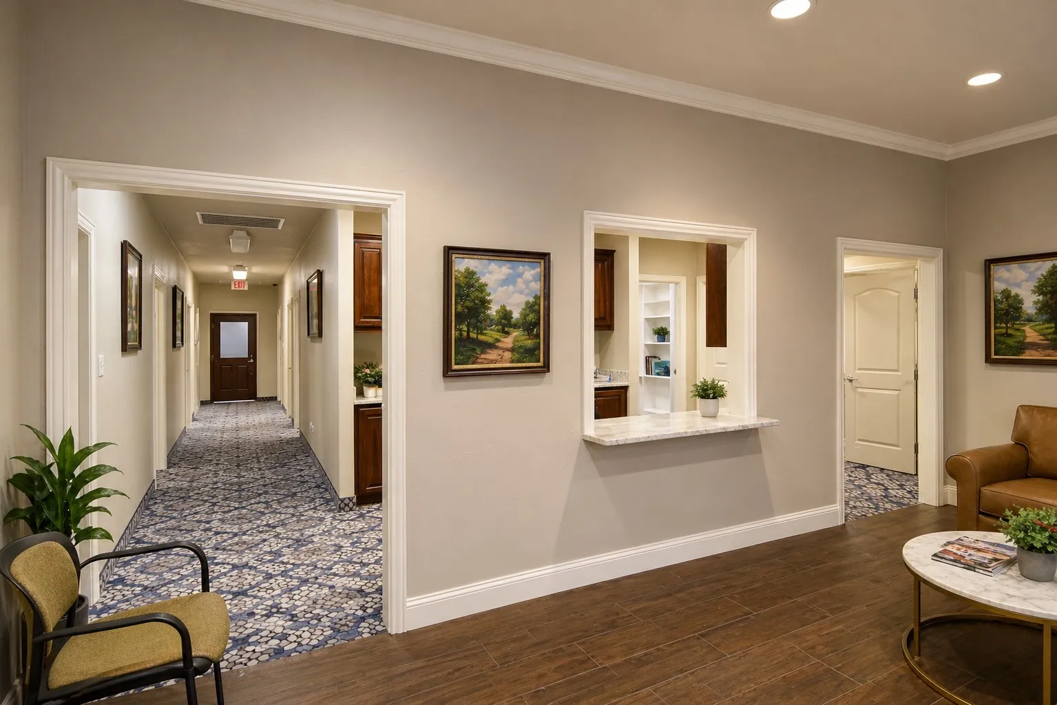 Hallway featuring patterned carpet, recessed lighting, and a service window with a stone countertop