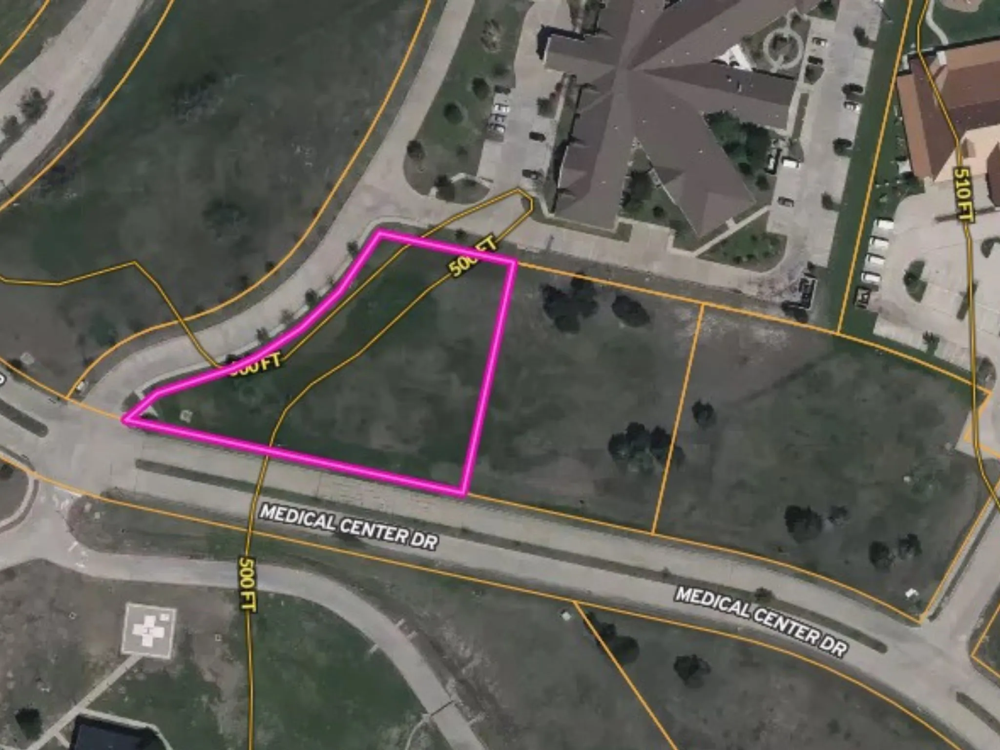 Aerial map of property and surrounding area with property boundaries highlighted