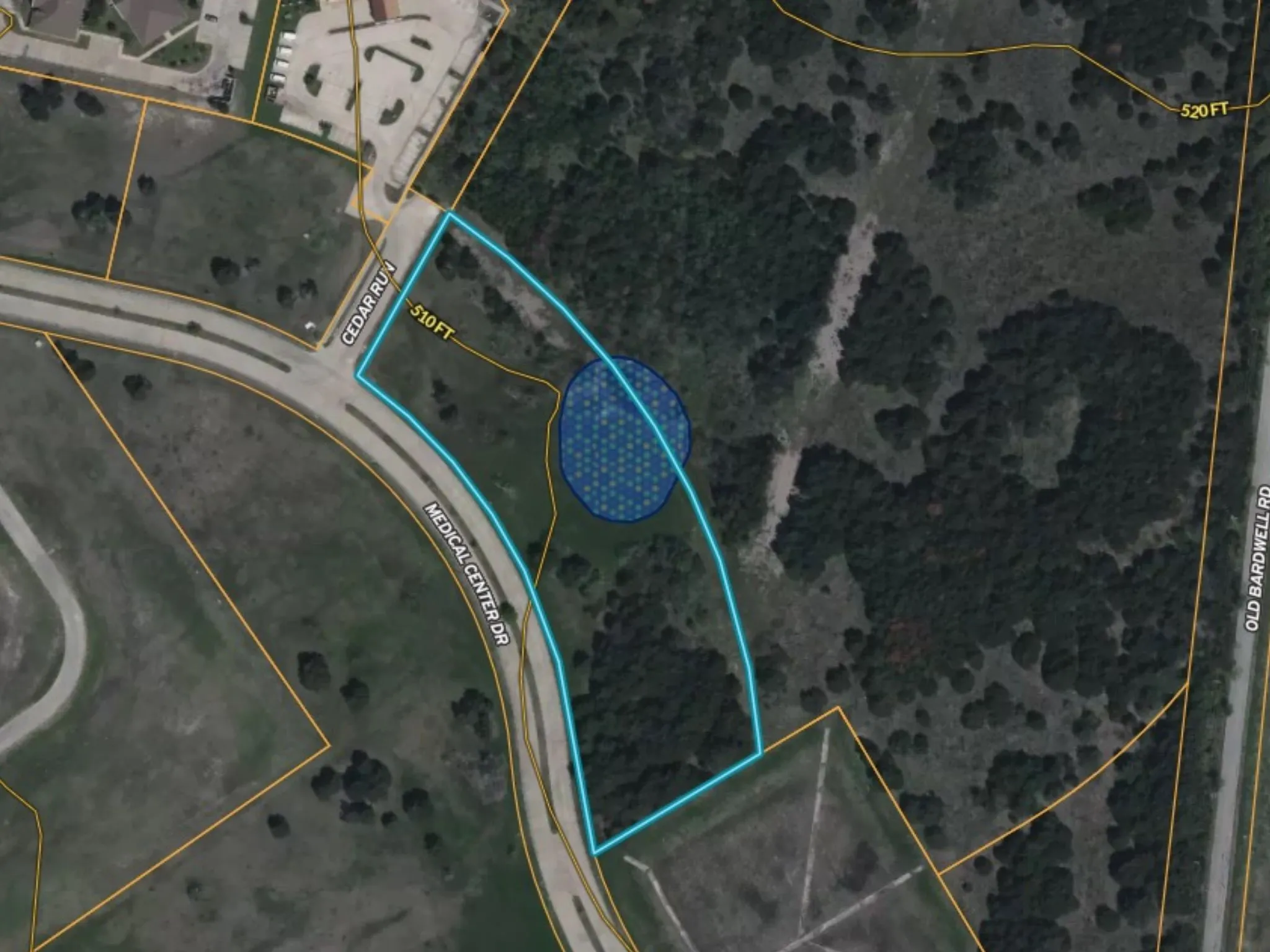Aerial overview of property's location featuring property boundaries highlighted
