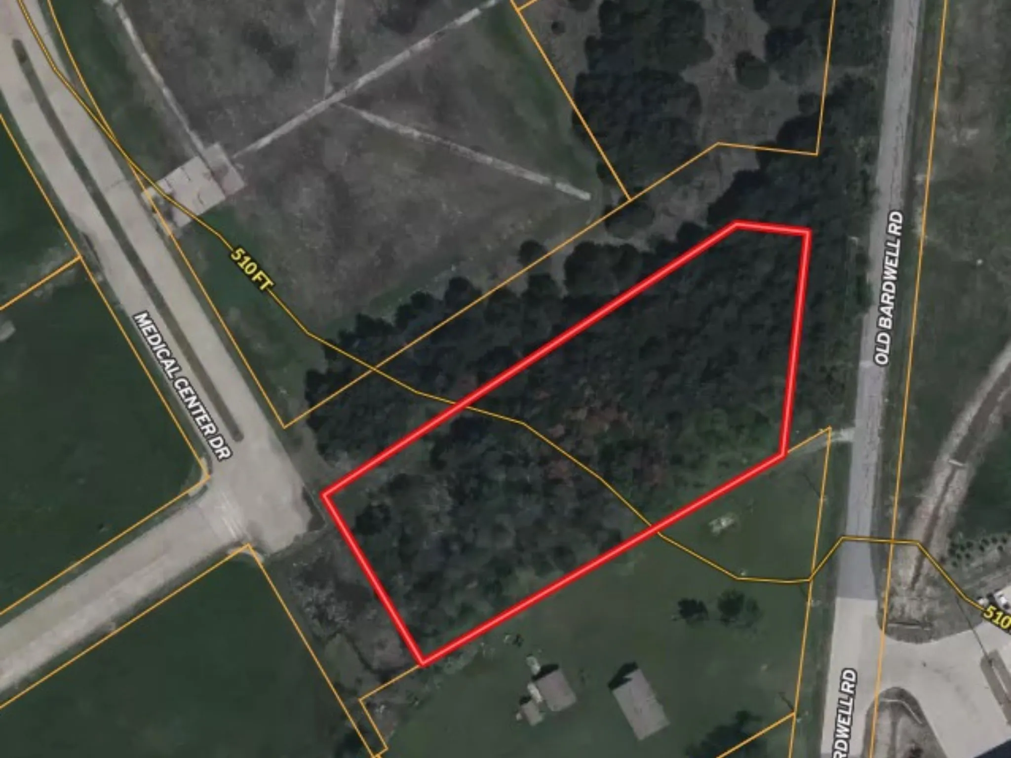 Aerial overview of property's location with property parcel outlined