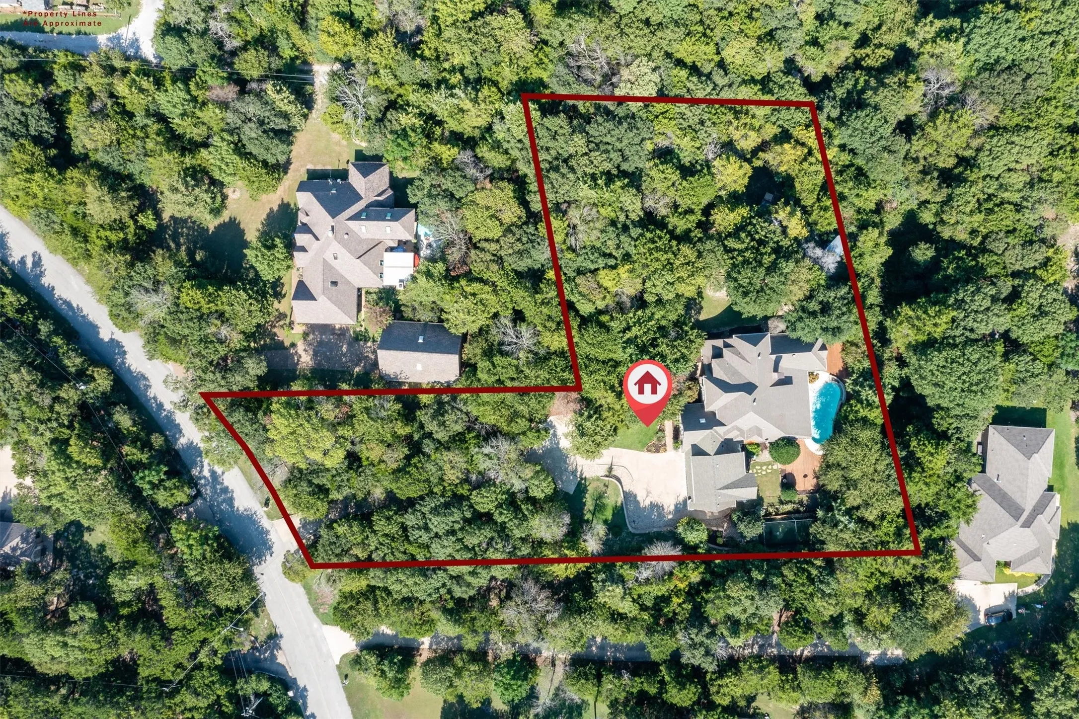 Aerial view of property's location with property parcel outlined