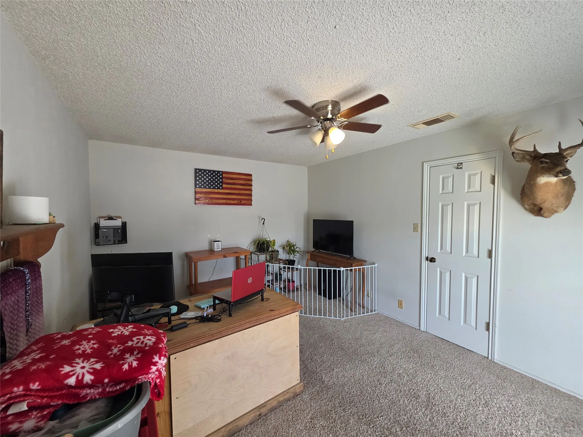 Carpeted office space with ceiling fan and a textured ceiling