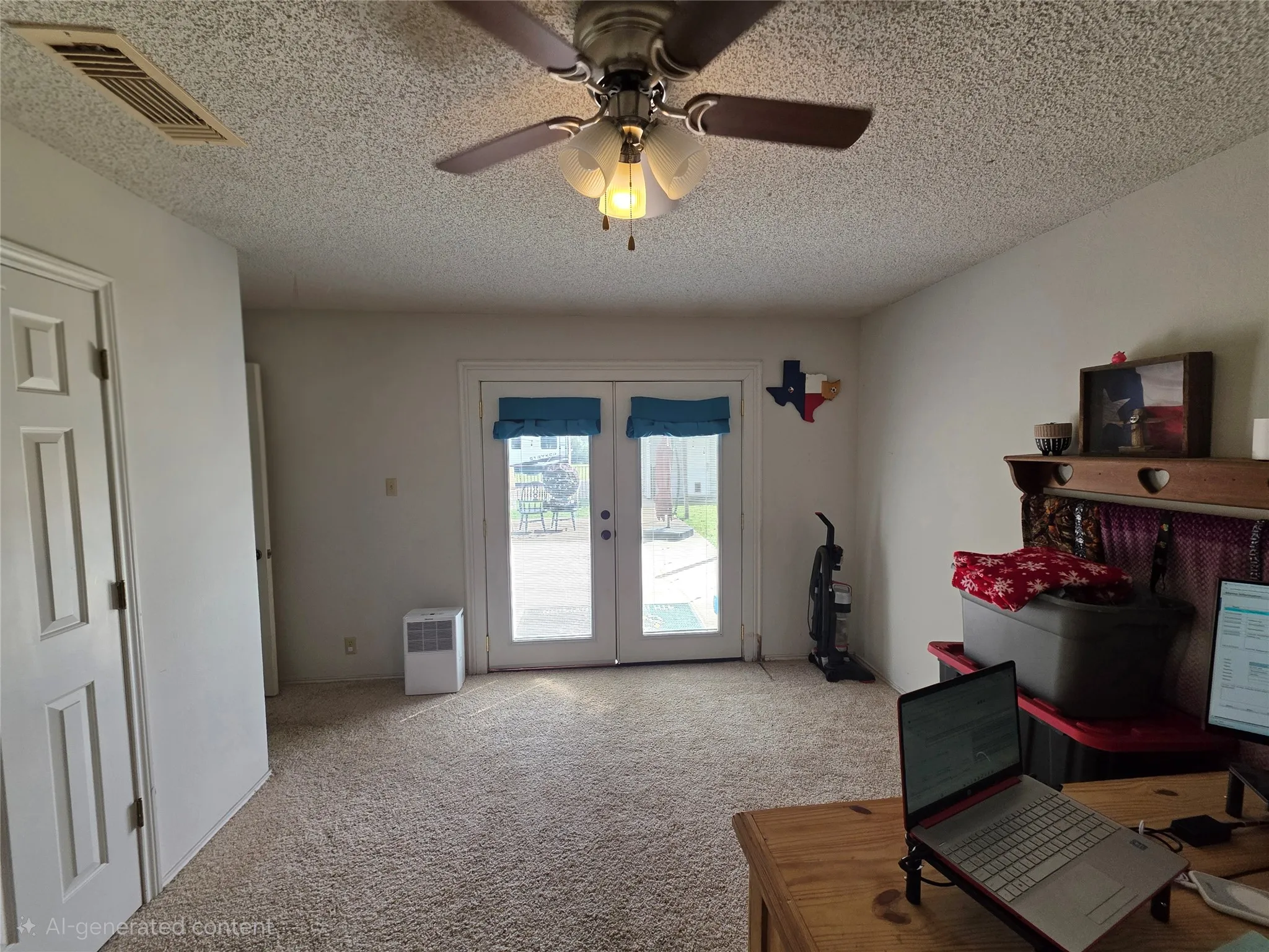 Sitting room with french doors, light carpet, ceiling fan, and a textured ceiling