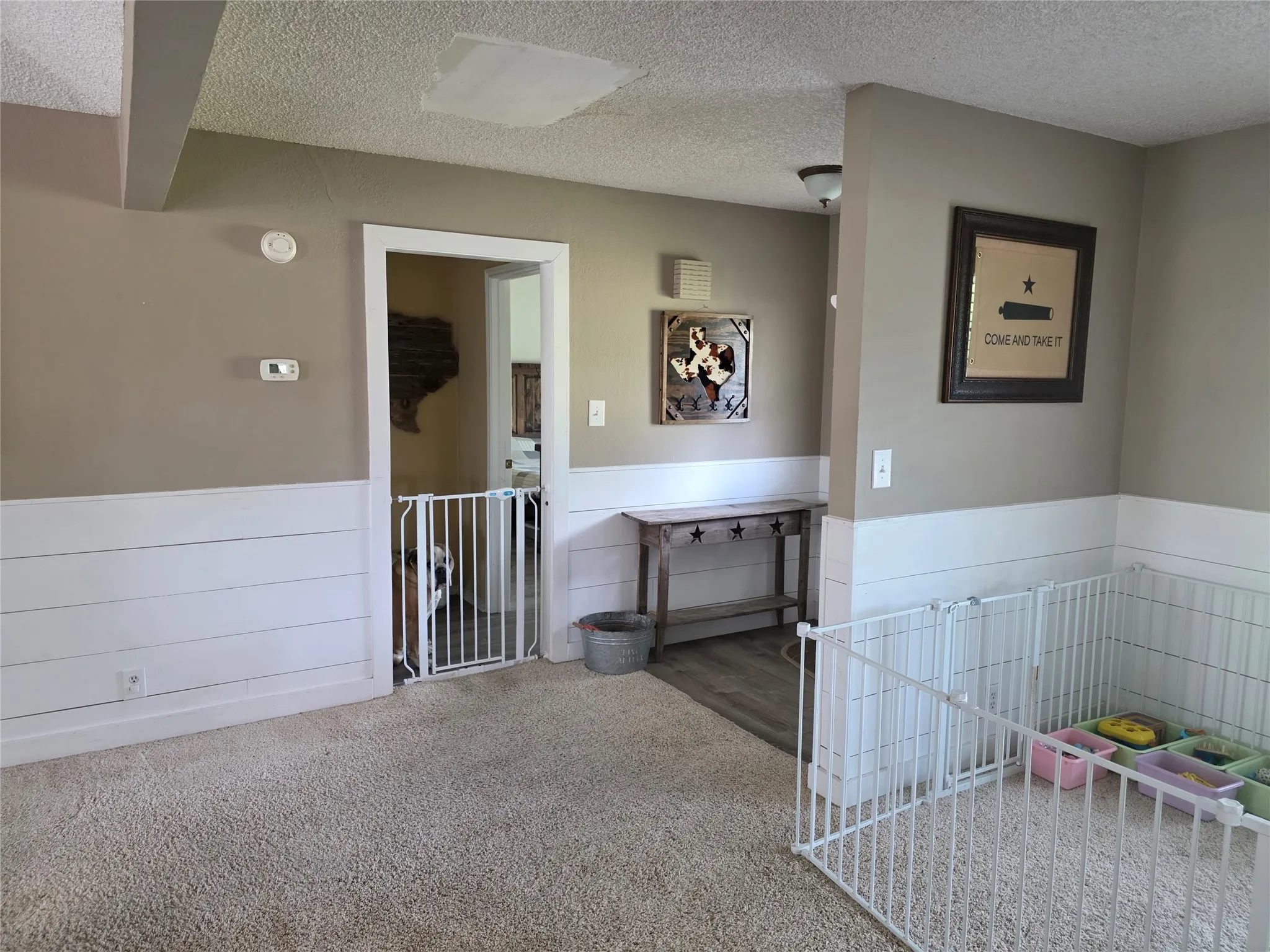 Hall featuring a textured ceiling and carpet flooring