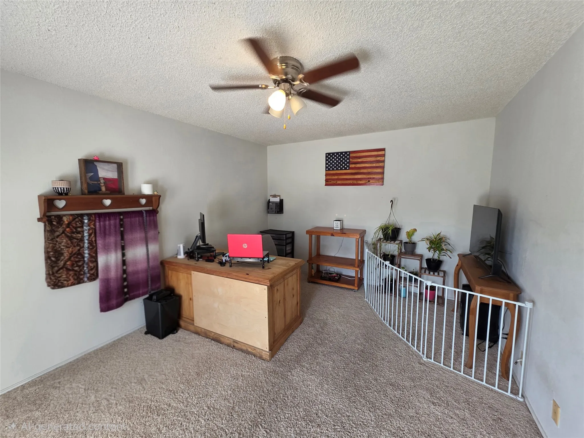 Office space featuring ceiling fan, a textured ceiling, and light colored carpet