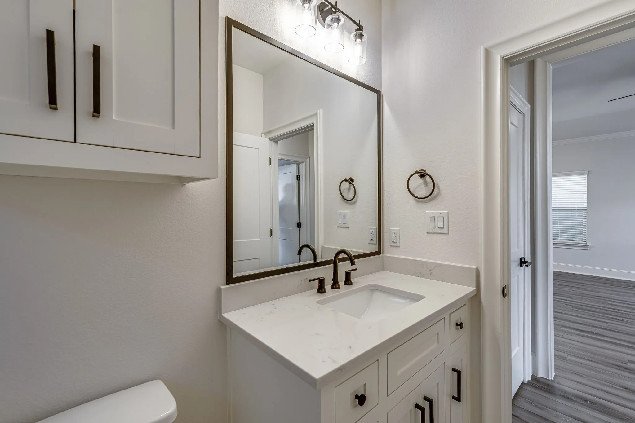 Bathroom with vanity, crown molding, and dark wood-style floors