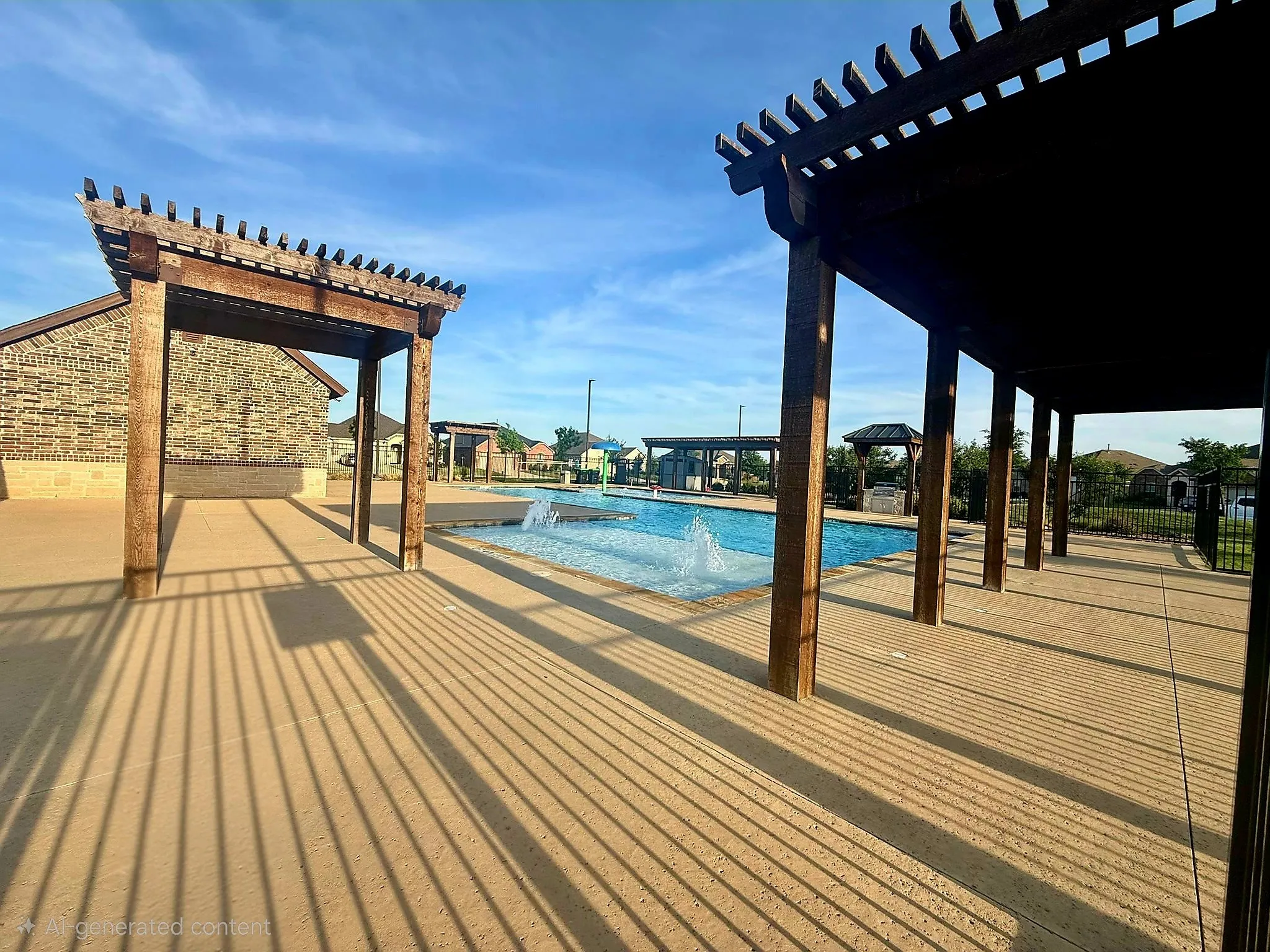 Community pool with fountain, shallow play area, pergolas, BBQ's, and more.