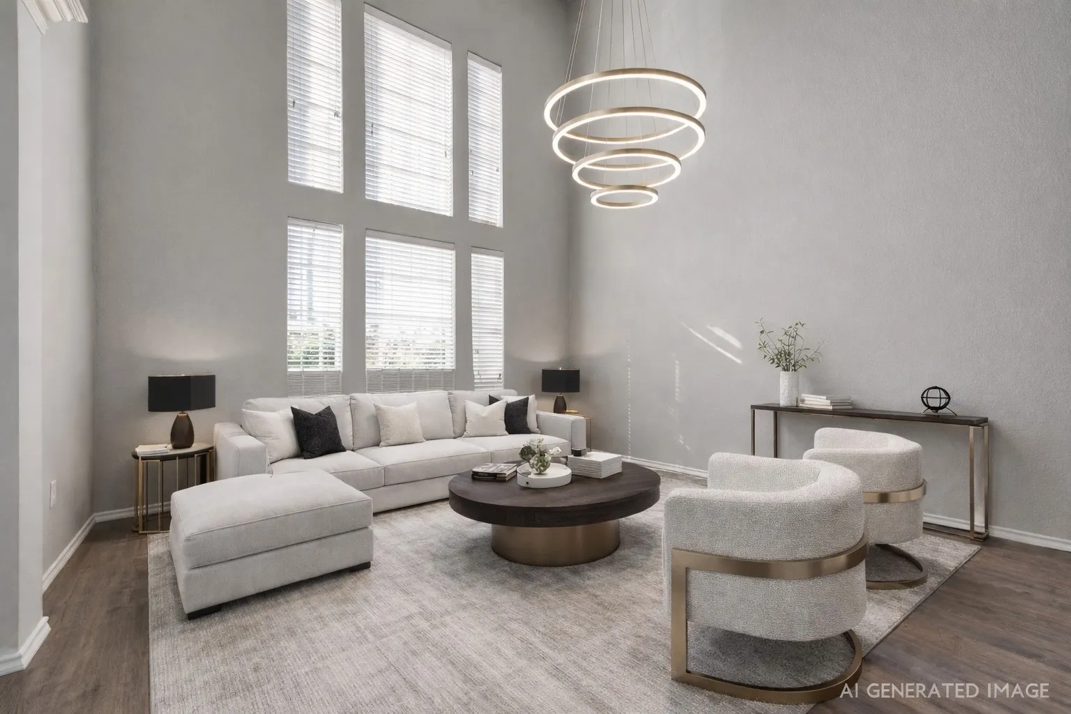 Living area with wood finished floors, healthy amount of natural light, a high ceiling, and suspended lighting
