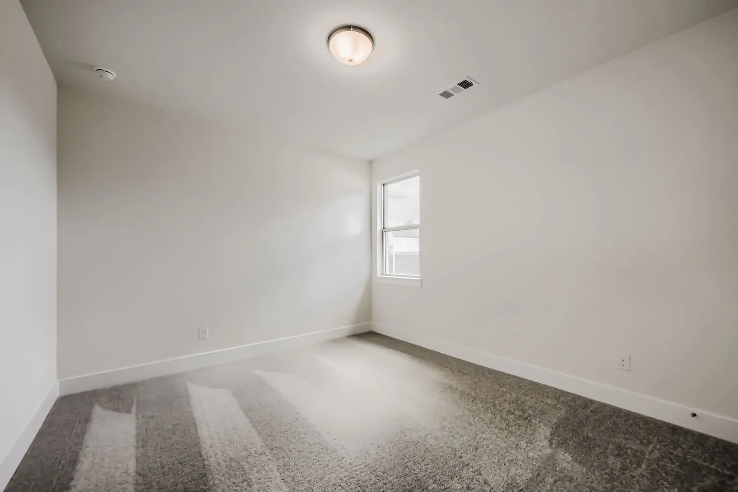 Expansive interior space featuring light gray textured carpeting, white baseboards, and a single window with white trim