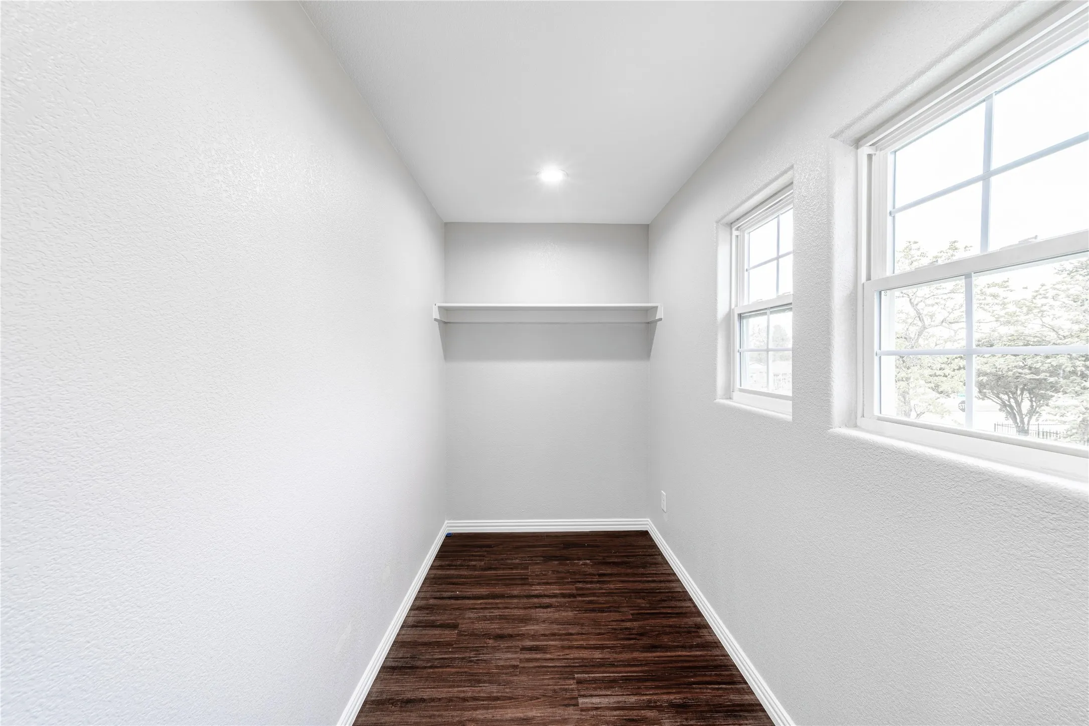 Library corner with dark wood-type flooring
