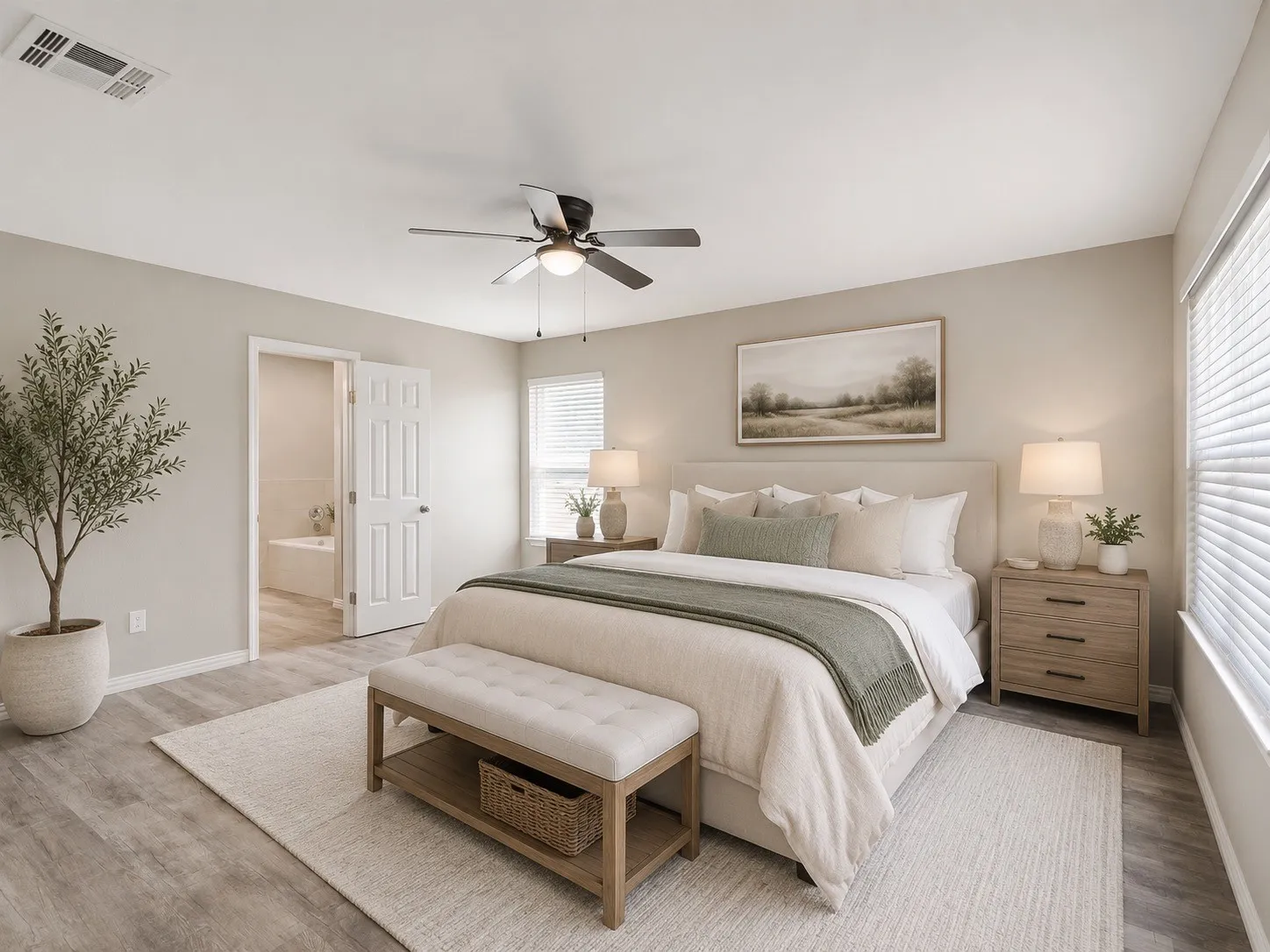Spacious bedroom featuring wood-finish flooring, a ceiling fan with integrated lighting, and a window with blinds. AI enhanced
