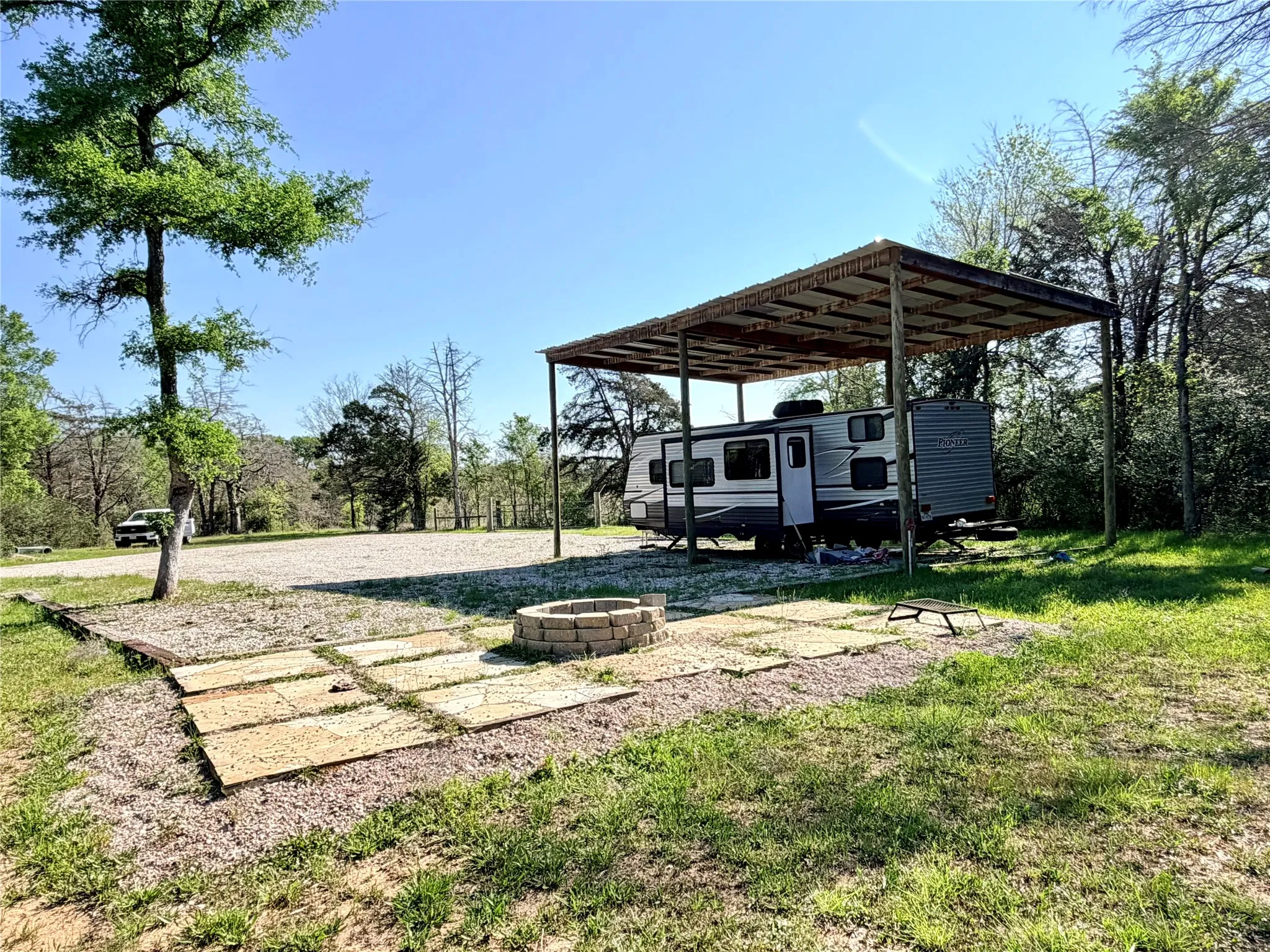 Fire Pit and covered RV shed