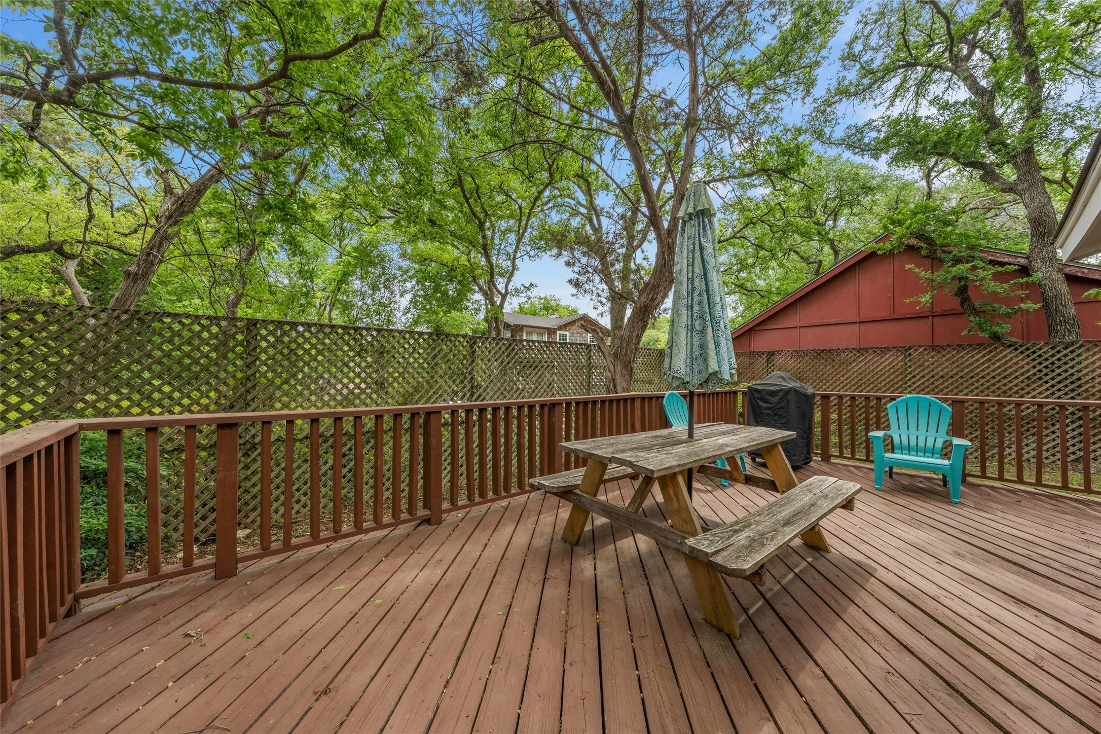 Deck featuring outdoor dining area and a fenced backyard