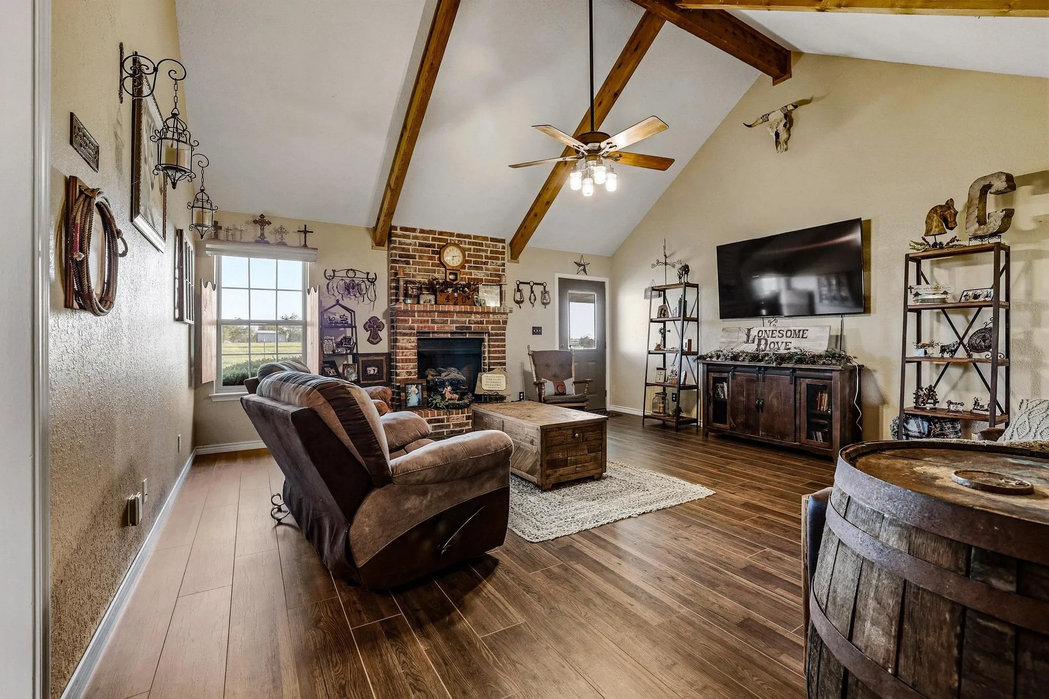 Fireplace and exit to the back patio
