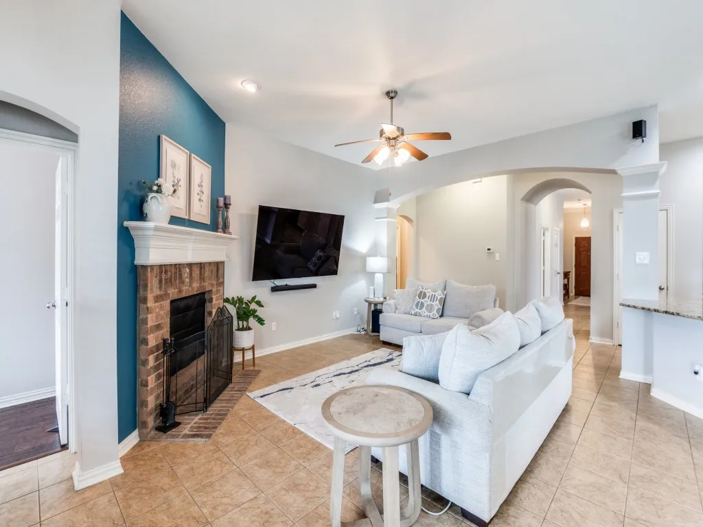 The living room flows seamlessly into the kitchen.