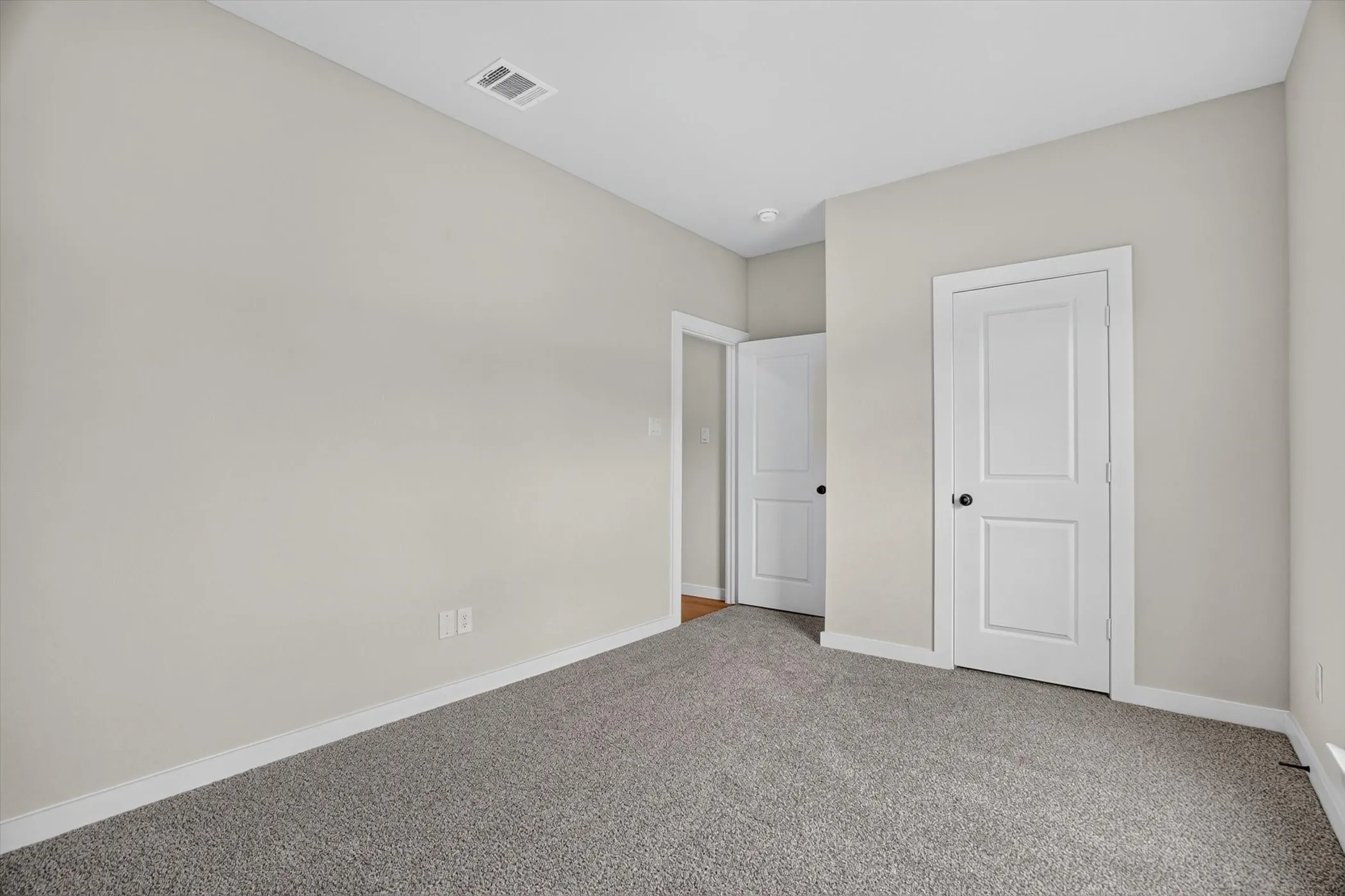Light gray wall paint, white trim, and gray carpet