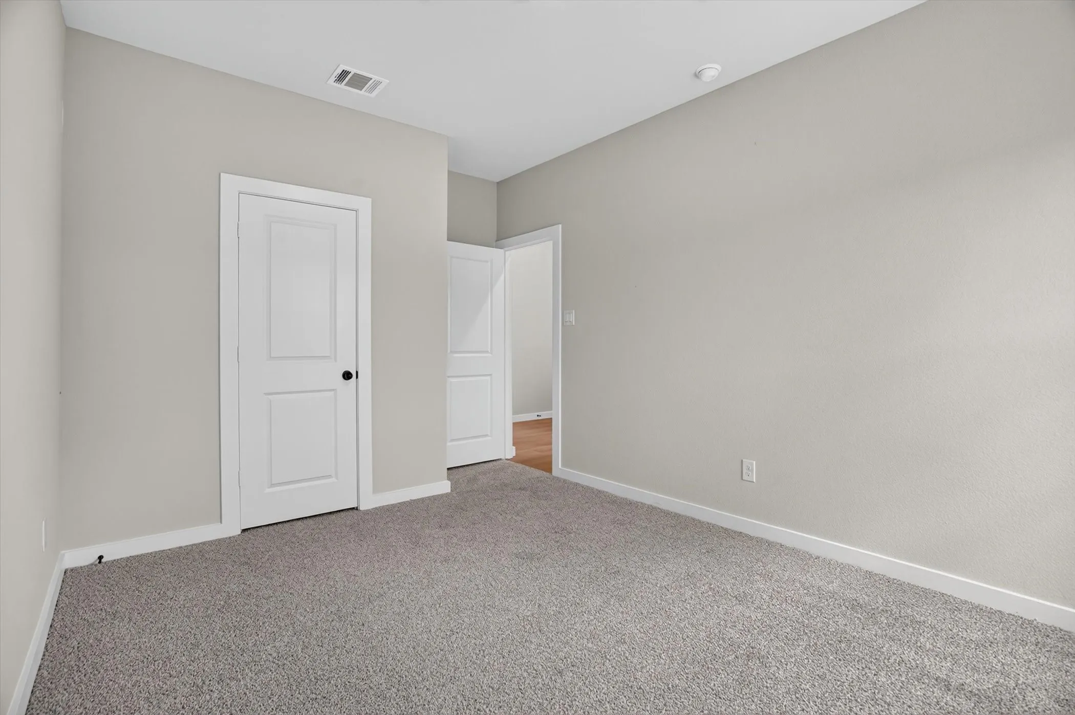 Neutral wall tones, gray carpeting, white trim, and white paneled doors