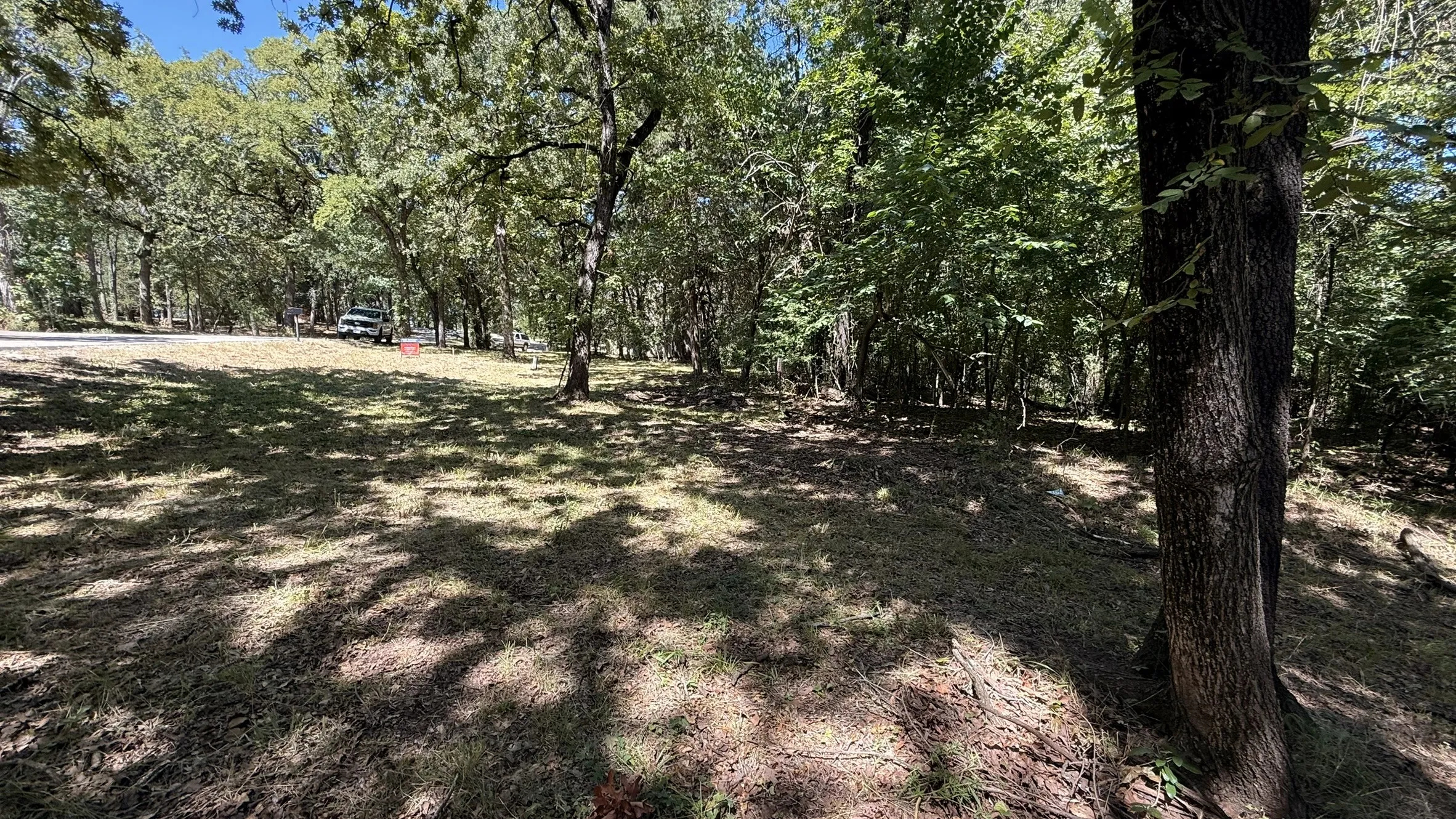 Generous lot featuring a mix of mature trees and open grassy areas