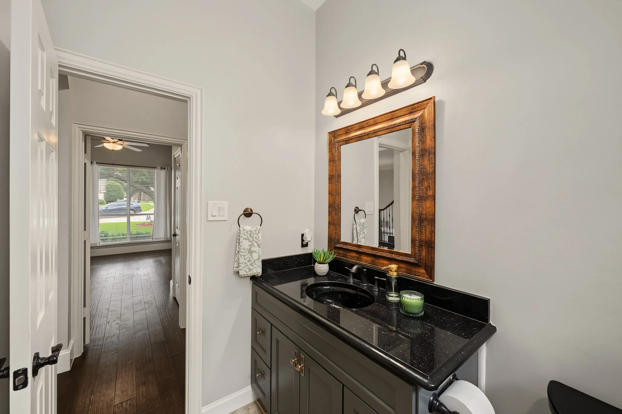 Dark wood-finish flooring extending from the entryway