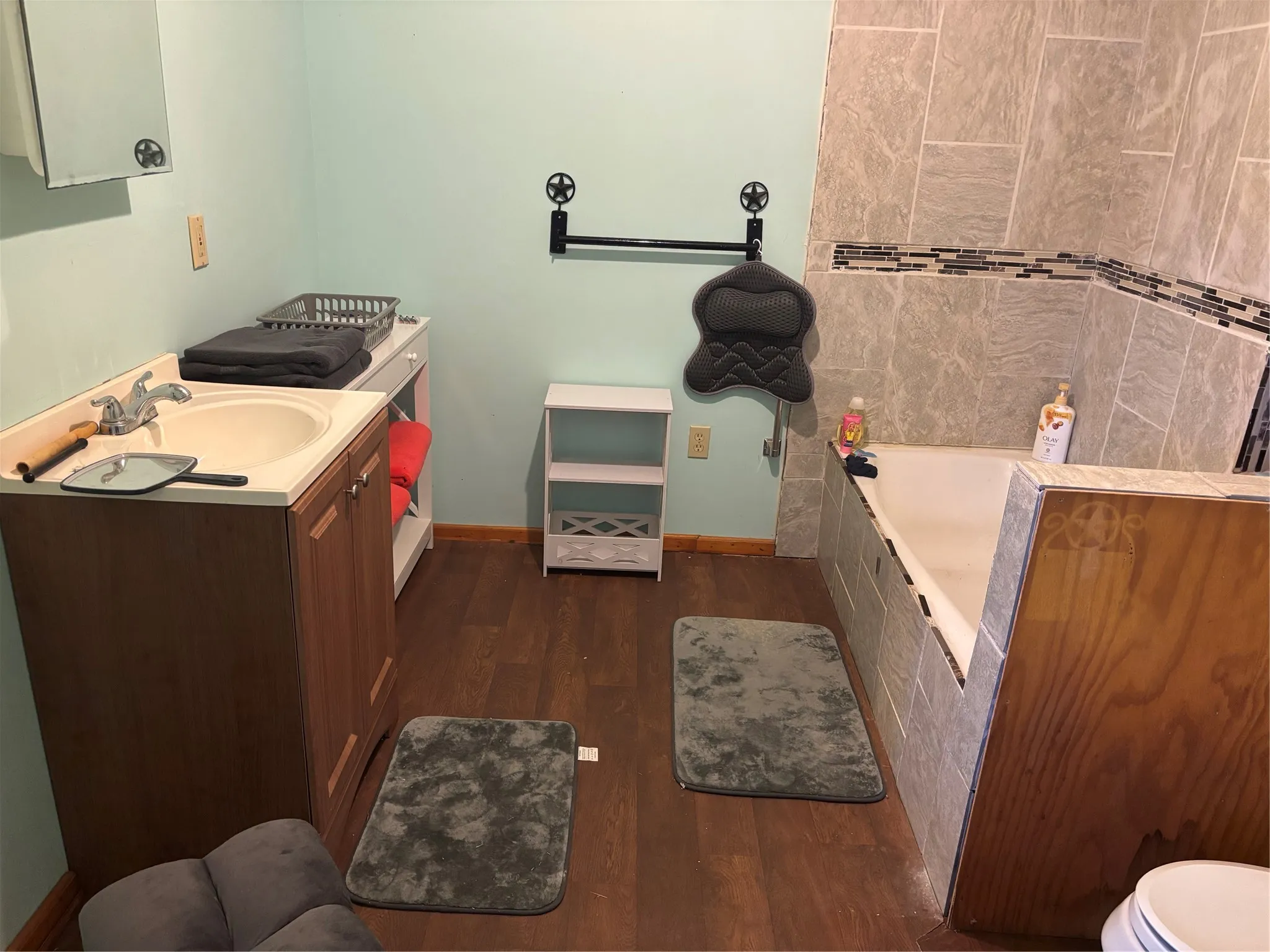 Bathroom featuring dark wood finished floors, vanity, and a garden tub