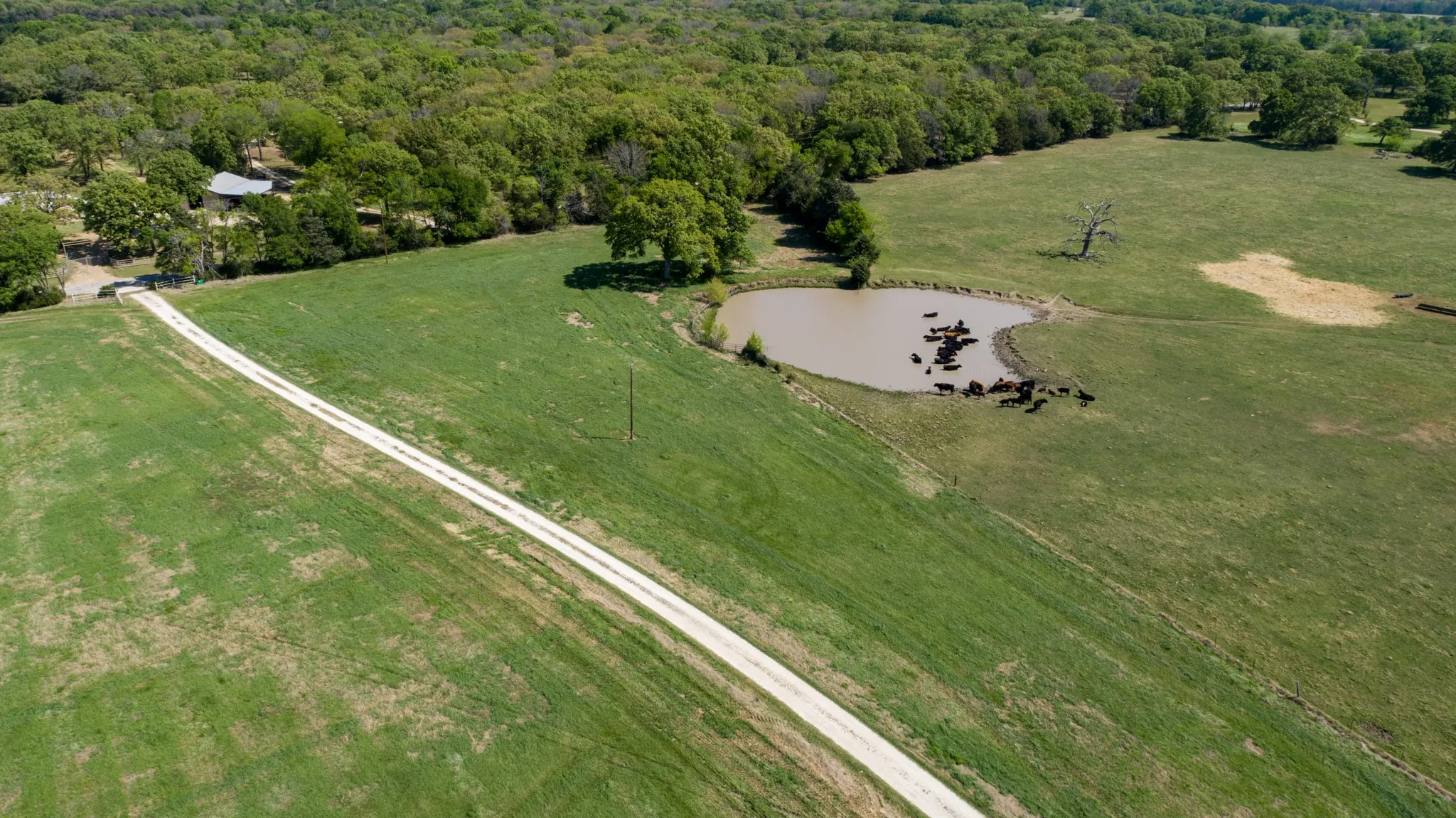 Aerial view driveway and a pond