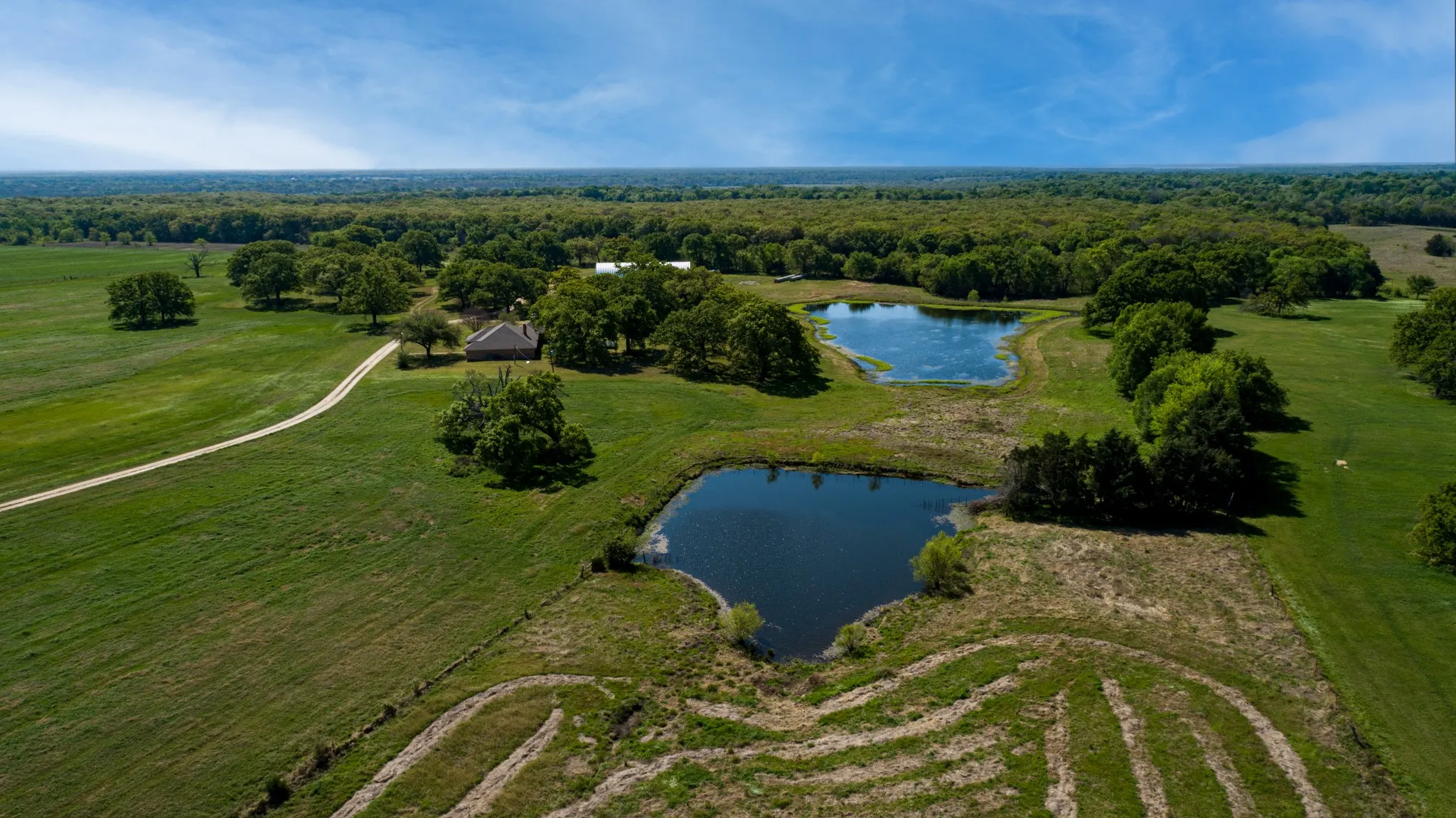 Bird's eye view of a nearby body of water and a forest