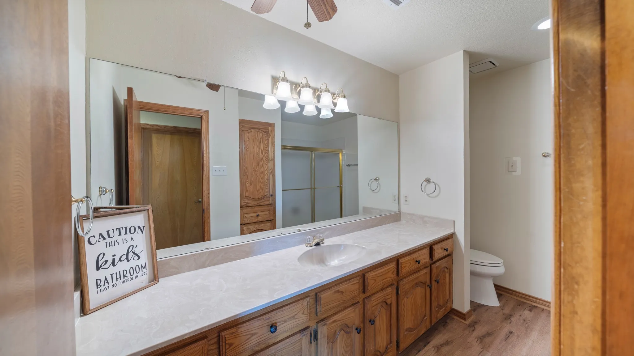 Full bath with vanity, ceiling fan, light wood finished floors, and a shower stall
