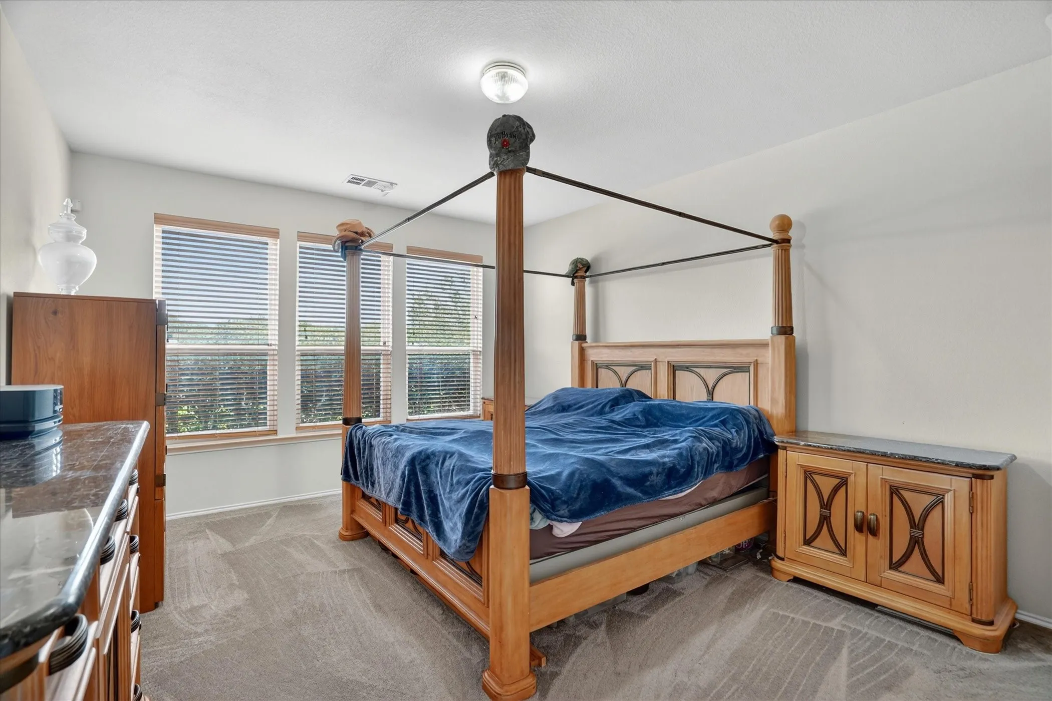 Carpeted room featuring multiple windows with blinds, a ceiling-mounted light fixture, and light-colored walls