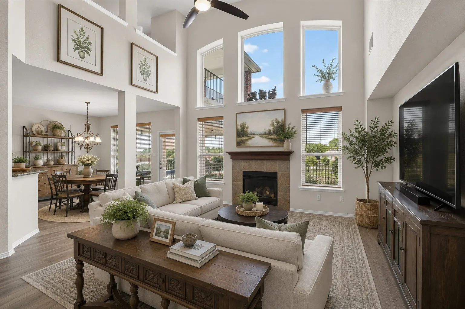 Virtually Staged Two-story living room featuring a fireplace with a stone surround, multiple tall windows, a ceiling fan, and wood-finish flooring