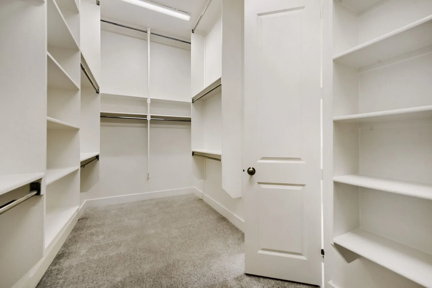 Spacious walk-in closet featuring extensive built-in shelving, multiple hanging rods, white trim, and light gray carpet flooring