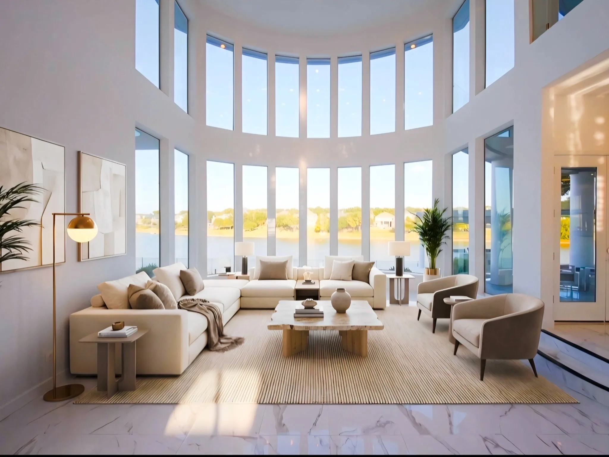 The main living room features soaring double-height ceiling and expansive, floor to ceiling windows that fill the space with natural light and showcase a breathtaking lake view. Image has been virtually staged.