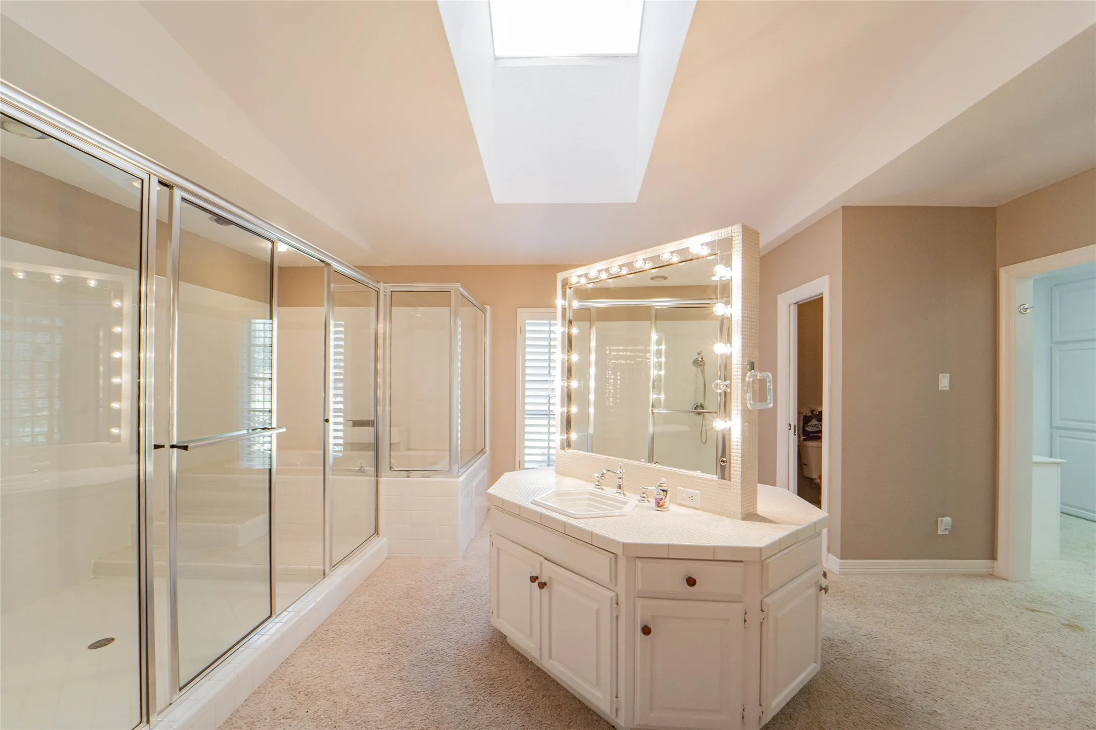 Bathroom with a stall shower, vanity, light carpet, and a skylight