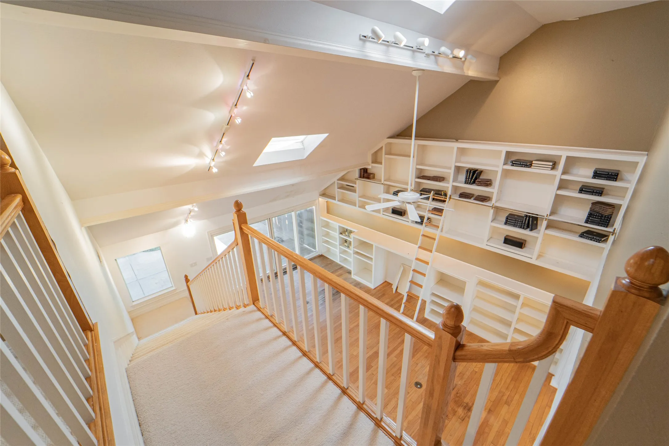 Stairs featuring a skylight, carpet flooring, and rail lighting