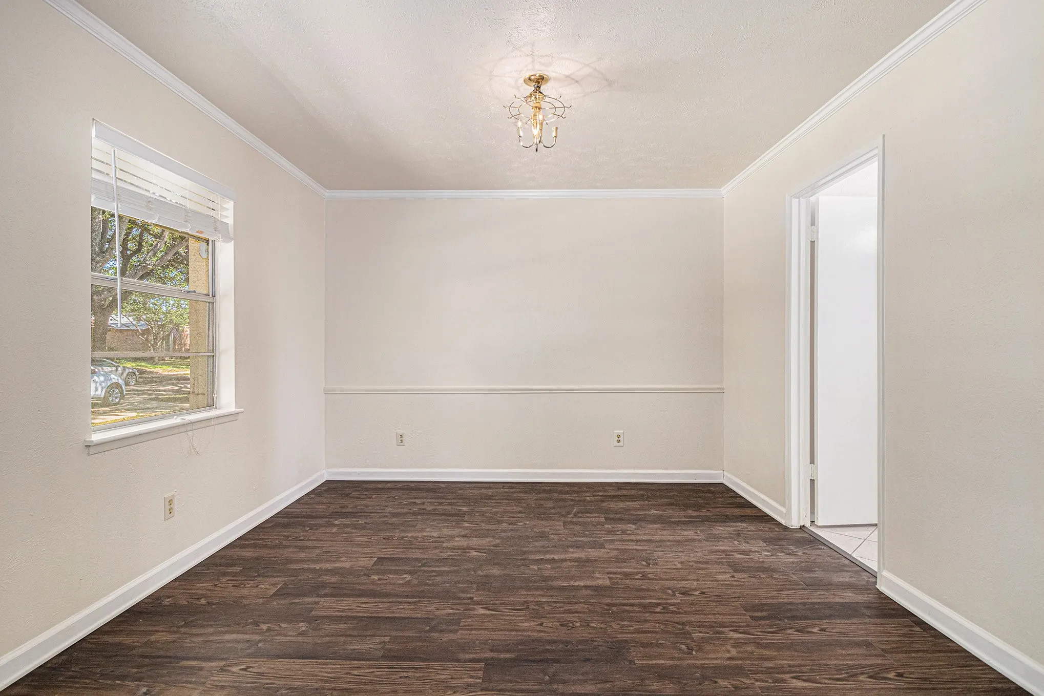 Spare room featuring ornamental molding and dark hardwood / wood-style floors
