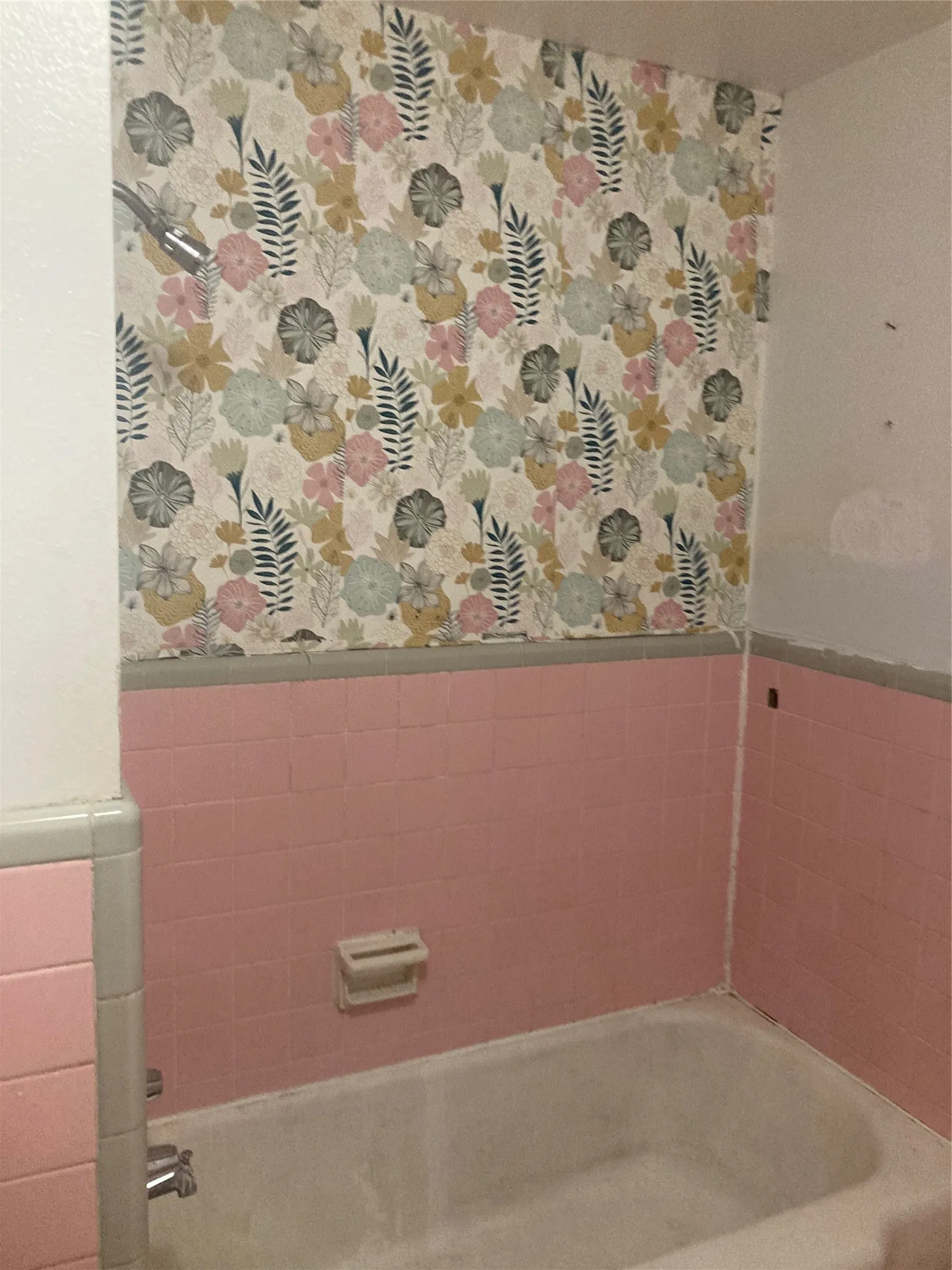 Full bath featuring a wainscoted wall, tile walls, pet washing area, and bathtub / shower combination