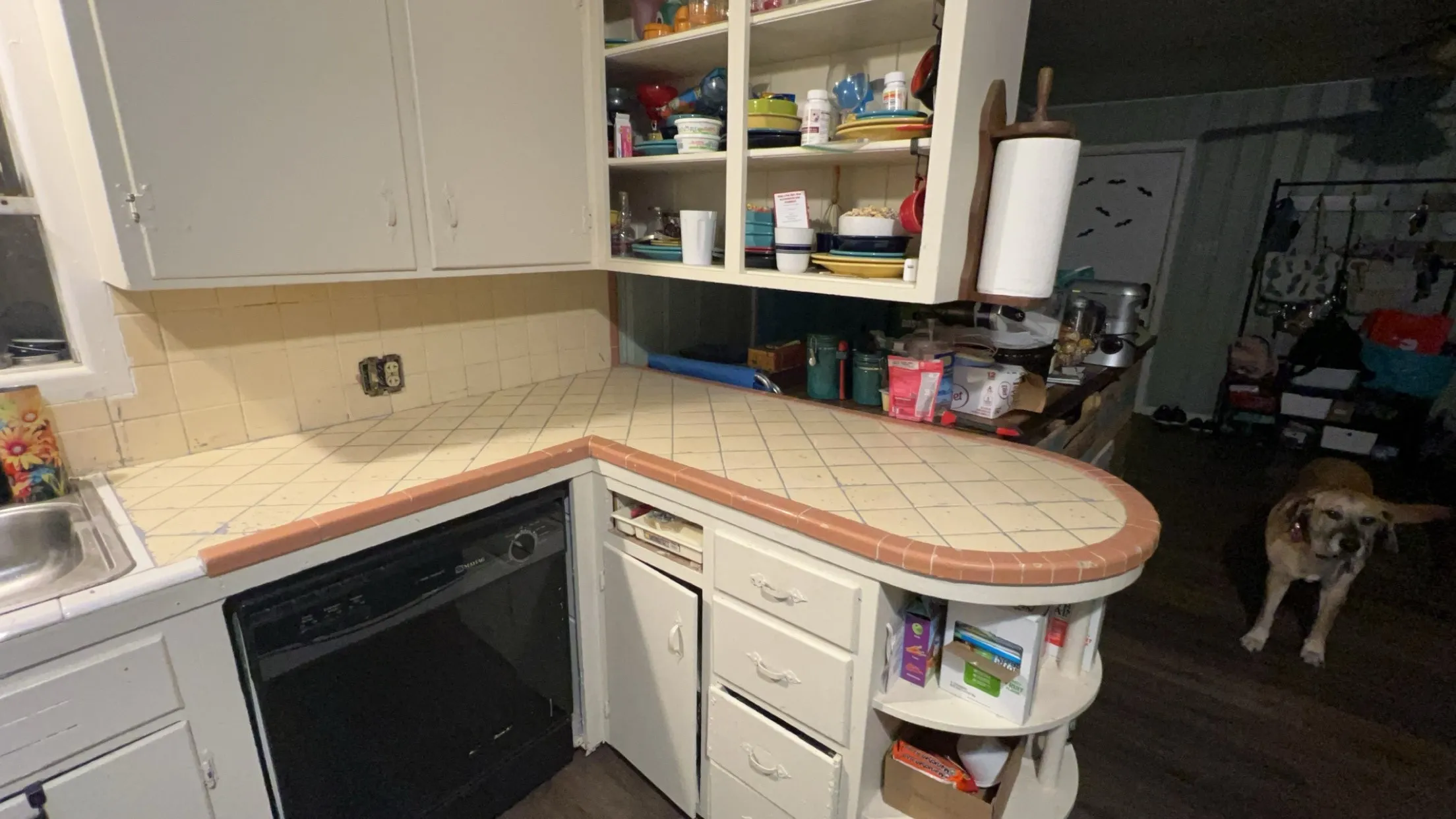 Kitchen with white cabinetry, open shelves, dishwasher, and tile counters